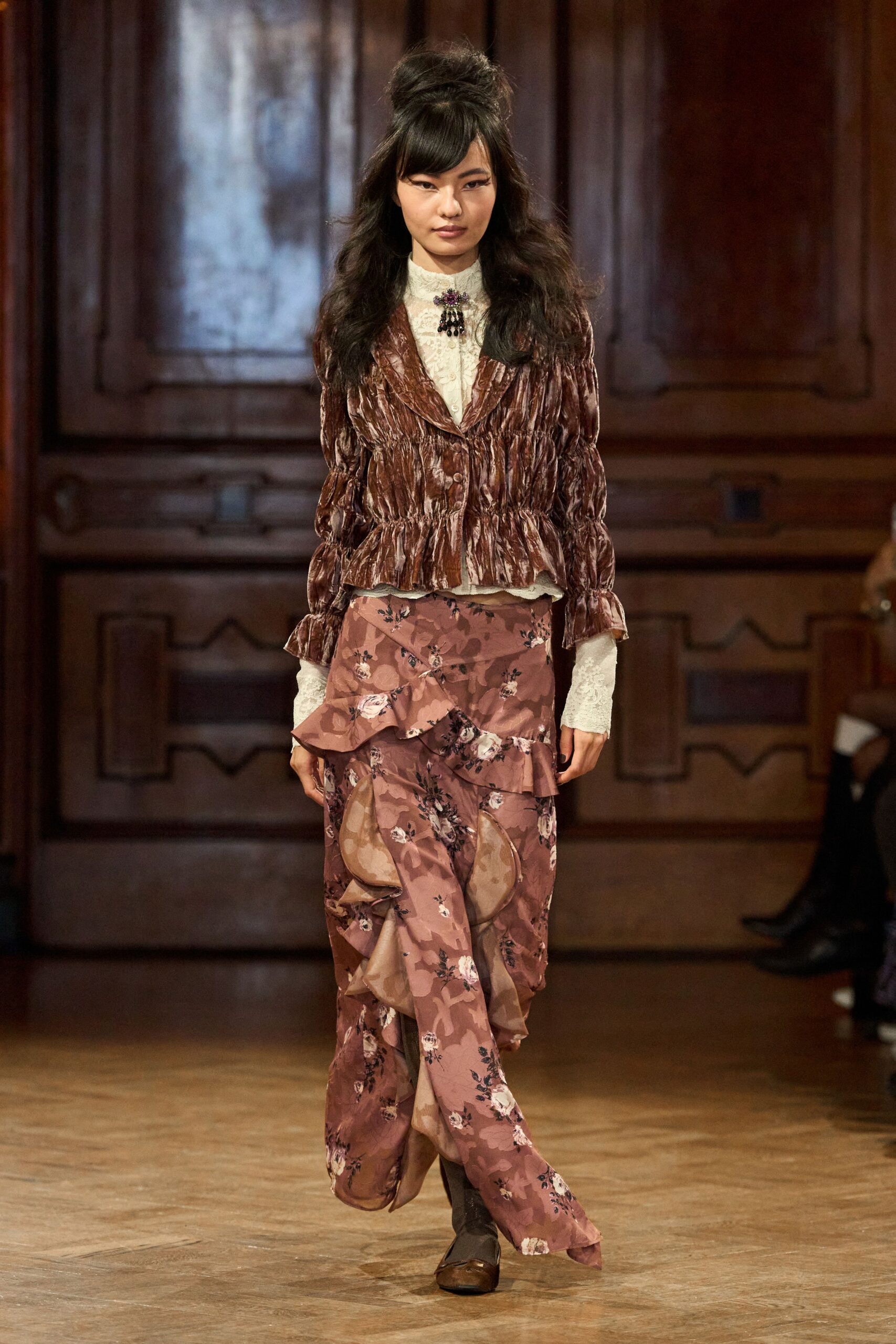 brown velvet long-sleeve collared fitted ruffled jacket