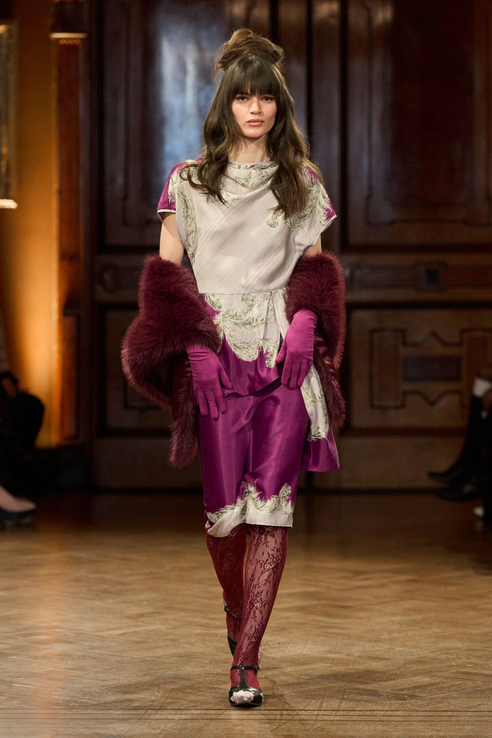 purple silk short-sleeve v-neck fitted embroidered layered dress