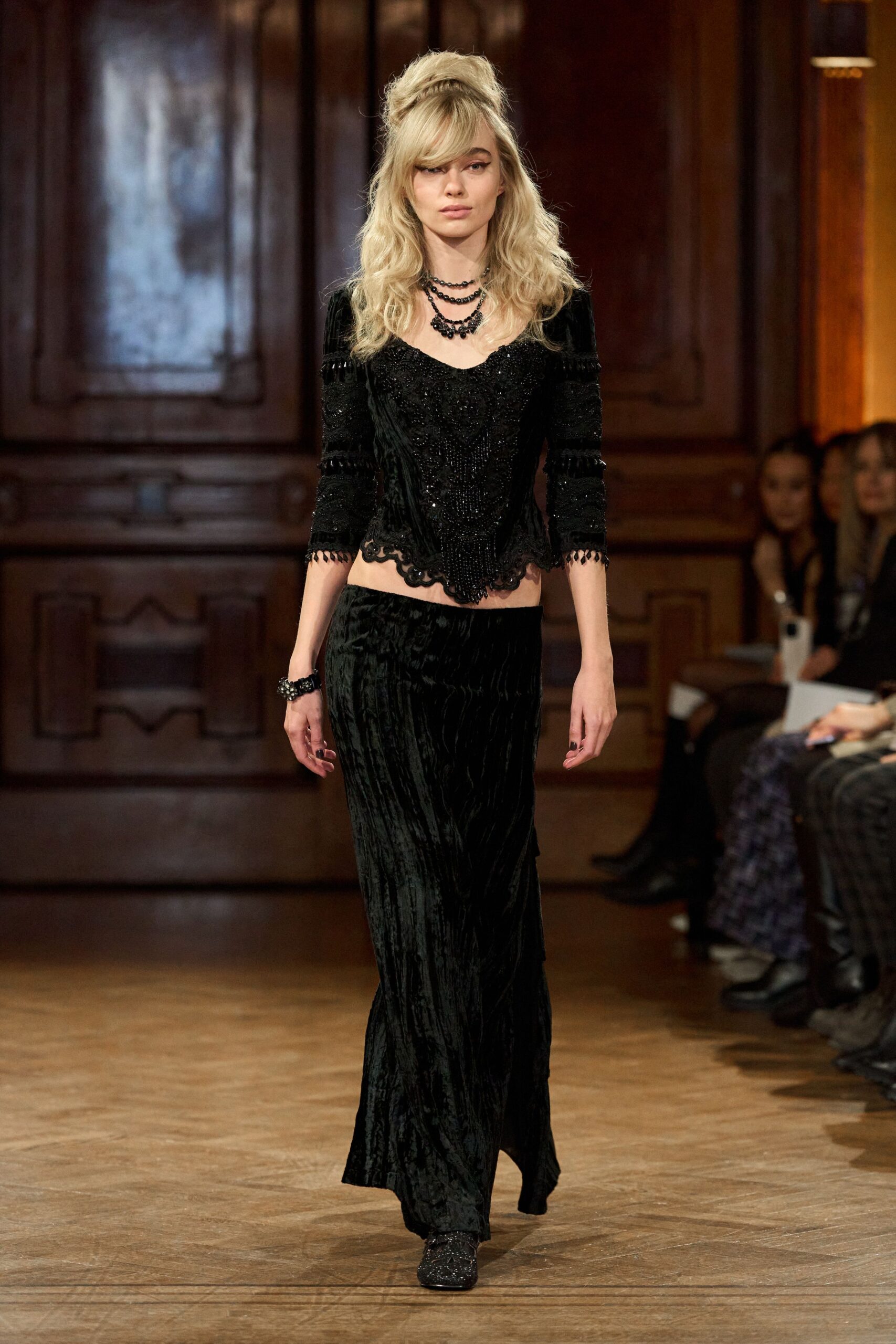 black velvet long-sleeve v-neck fitted beaded top