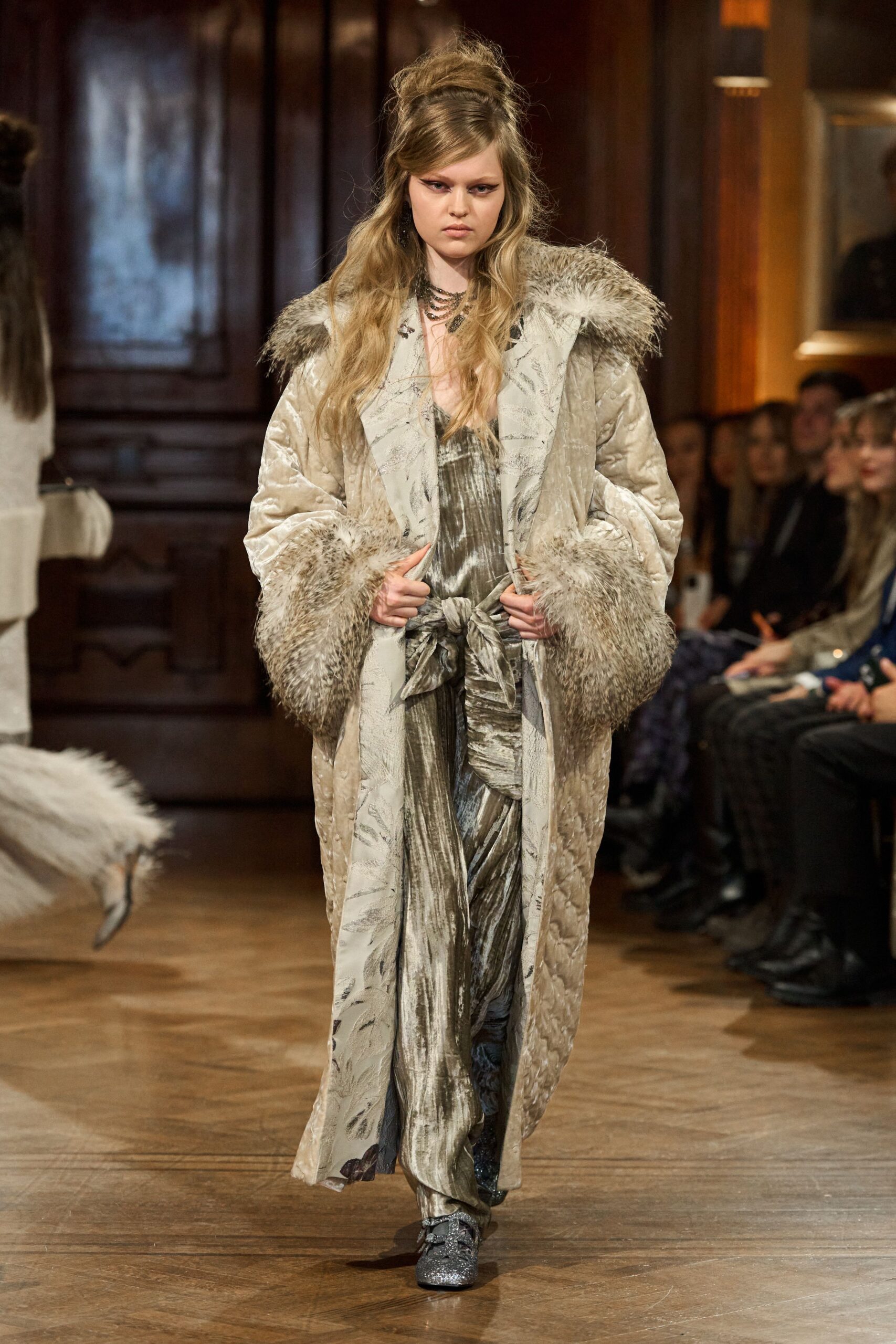 beige fur long-sleeve relaxed embroidered maxi coat
