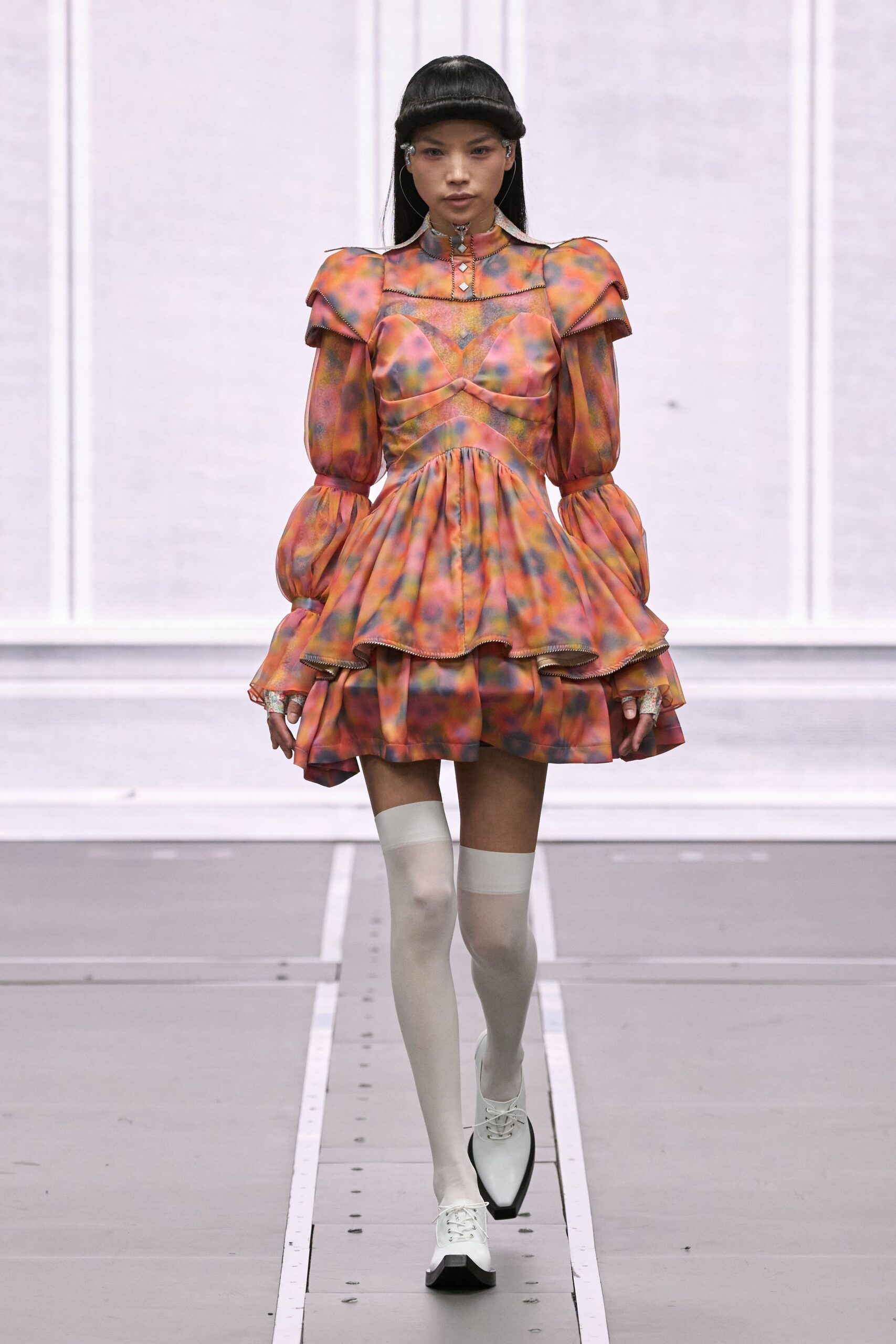 pink silk long-sleeve collared fitted pleated ruffled dress