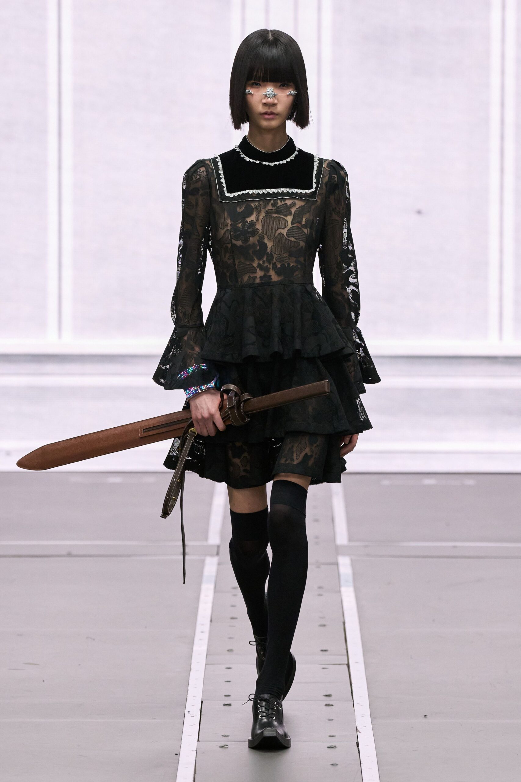 black lace long-sleeve collared fitted ruffled layered dress