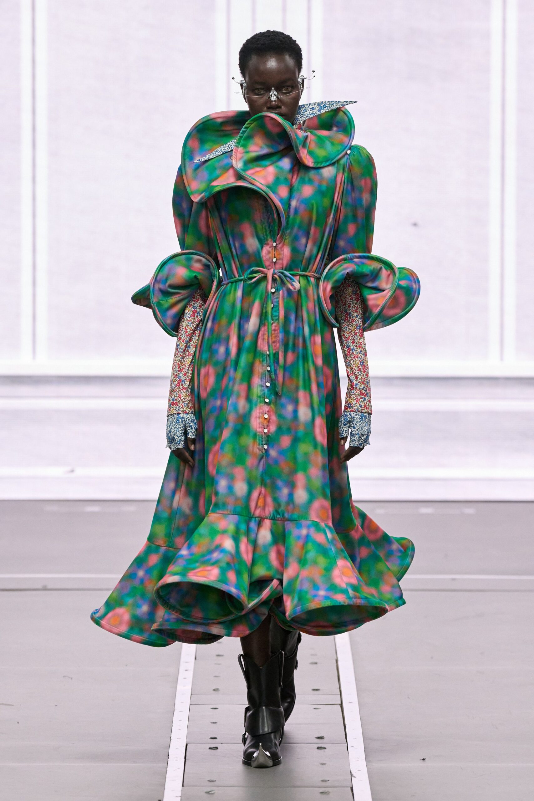 green silk long-sleeve collared fitted flared ruffled dress