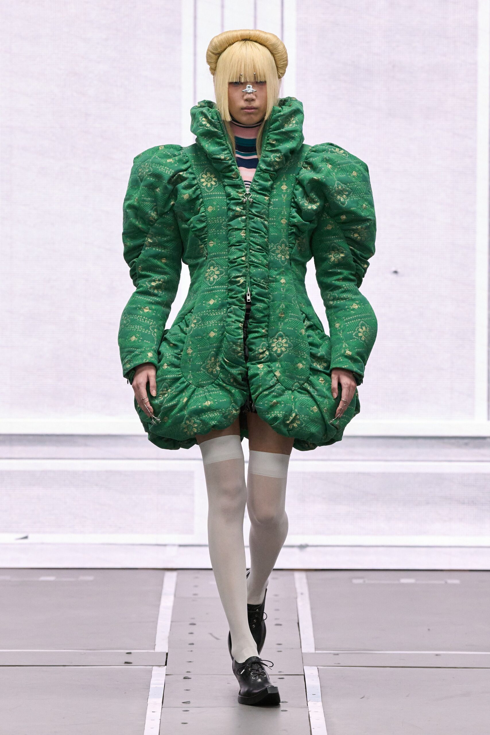 green silk long-sleeve high-neck fitted ruffled padded dress