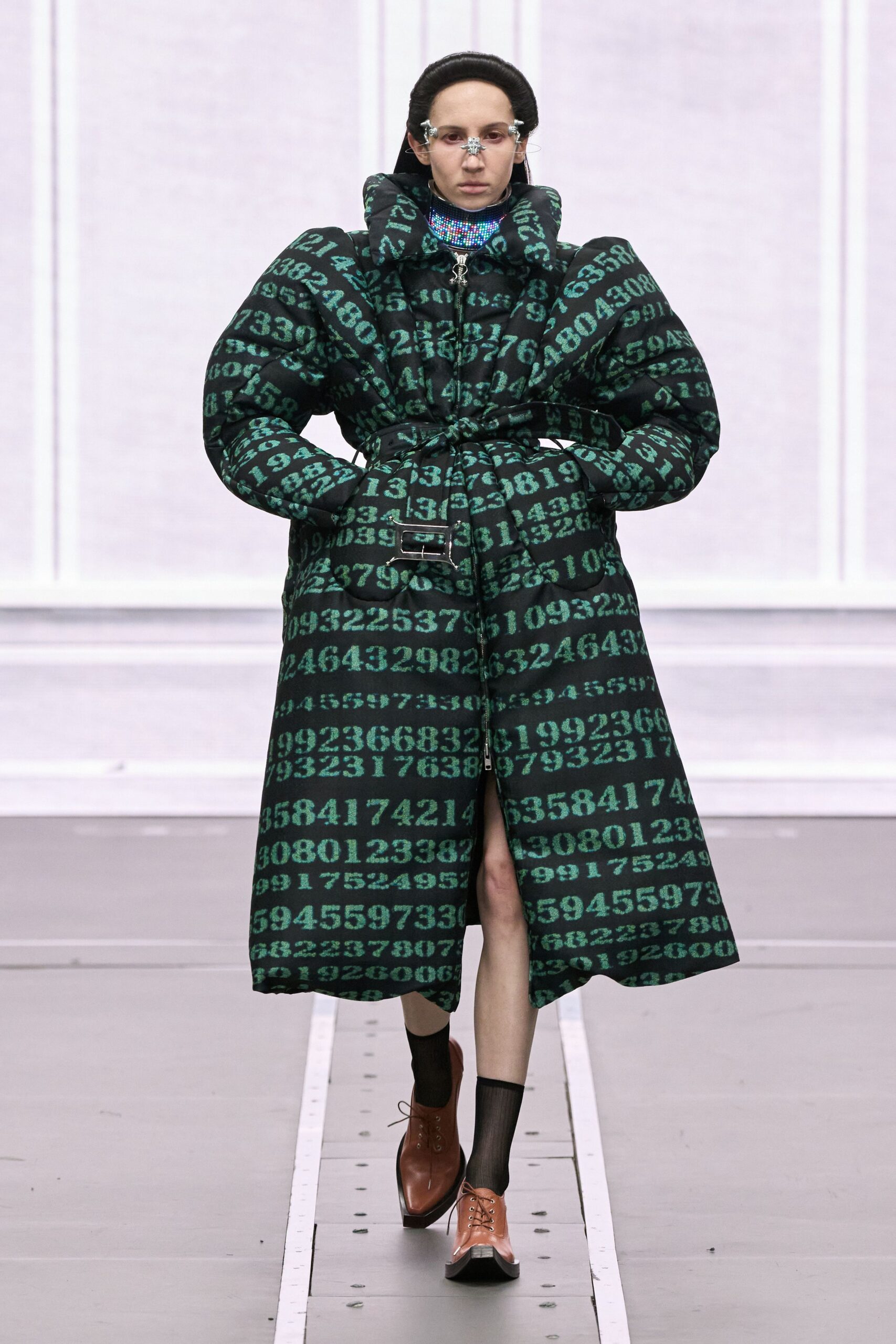 green long-sleeve collared relaxed printed maxi coat