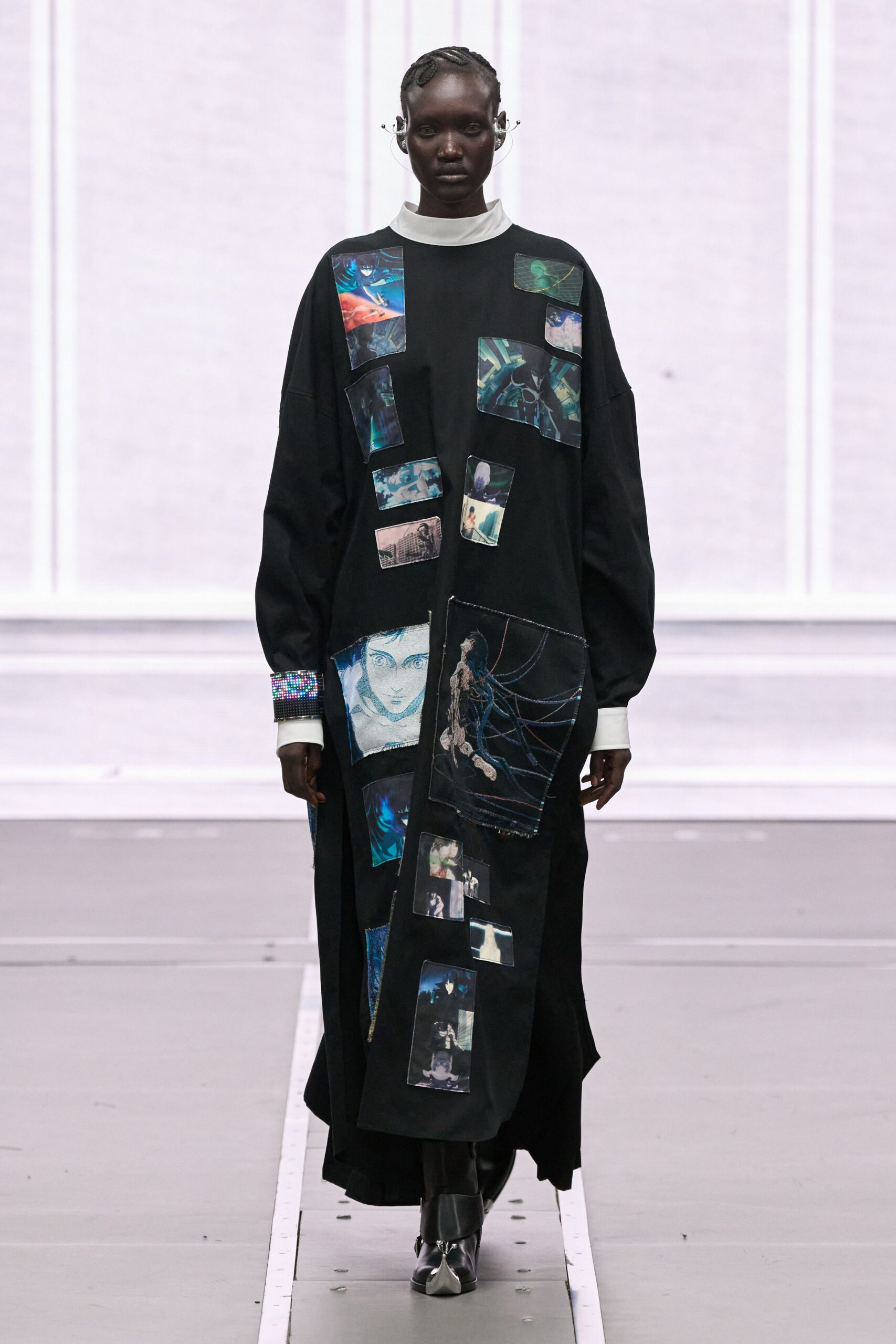 black cotton long-sleeve high-neck relaxed printed layered dress