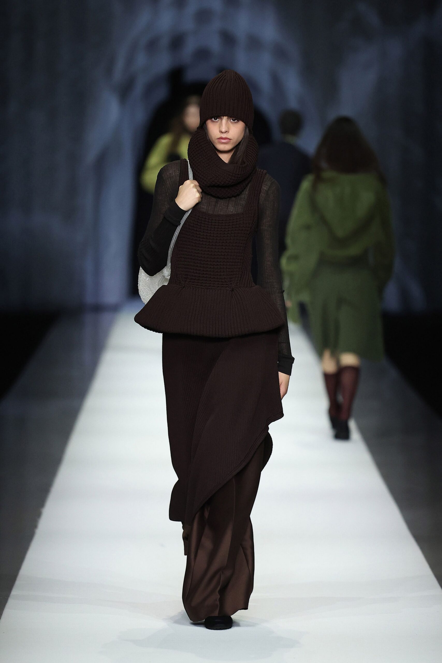 black knit long-sleeve high-neck fitted flared top
