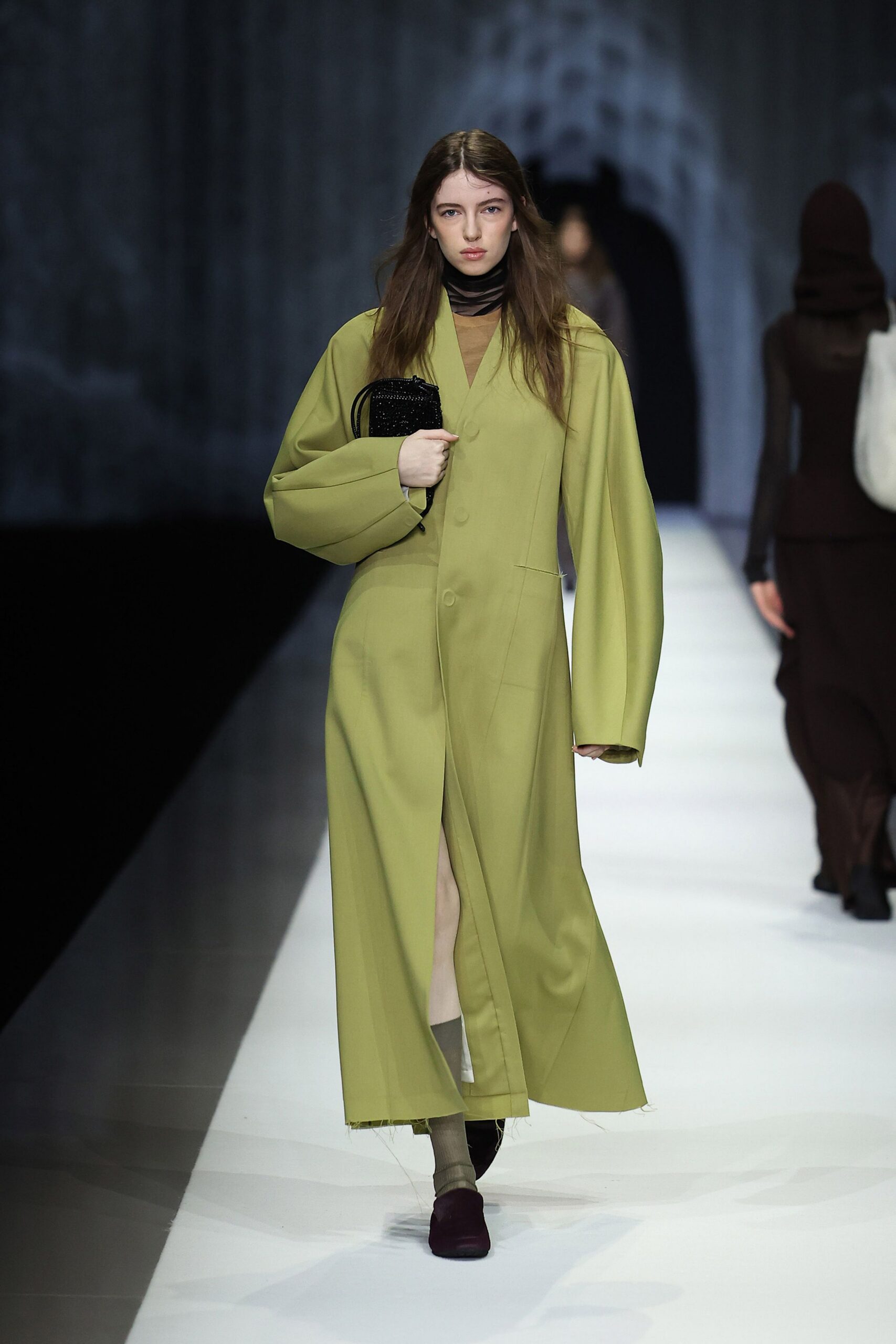 green wool long-sleeve collared relaxed buttoned maxi coat