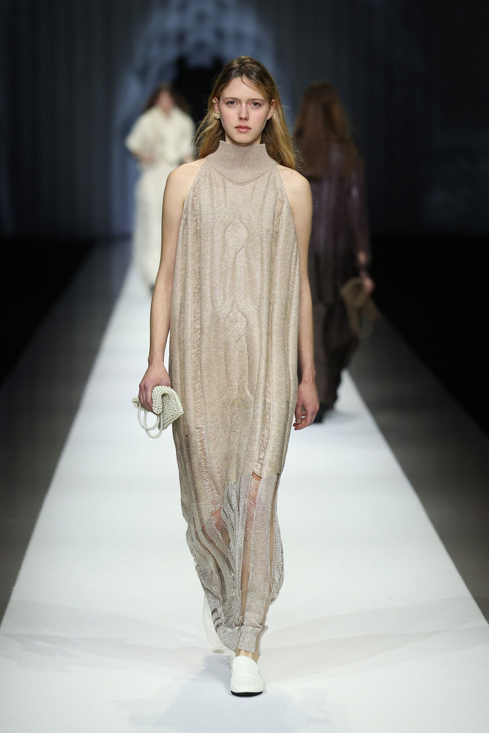 beige silk sleeveless high-neck relaxed layered gown