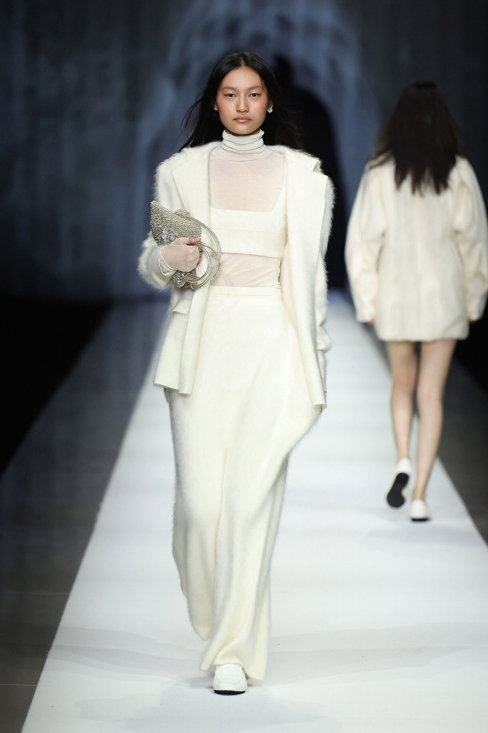 white wool long-sleeve high-neck fitted layered midi dress