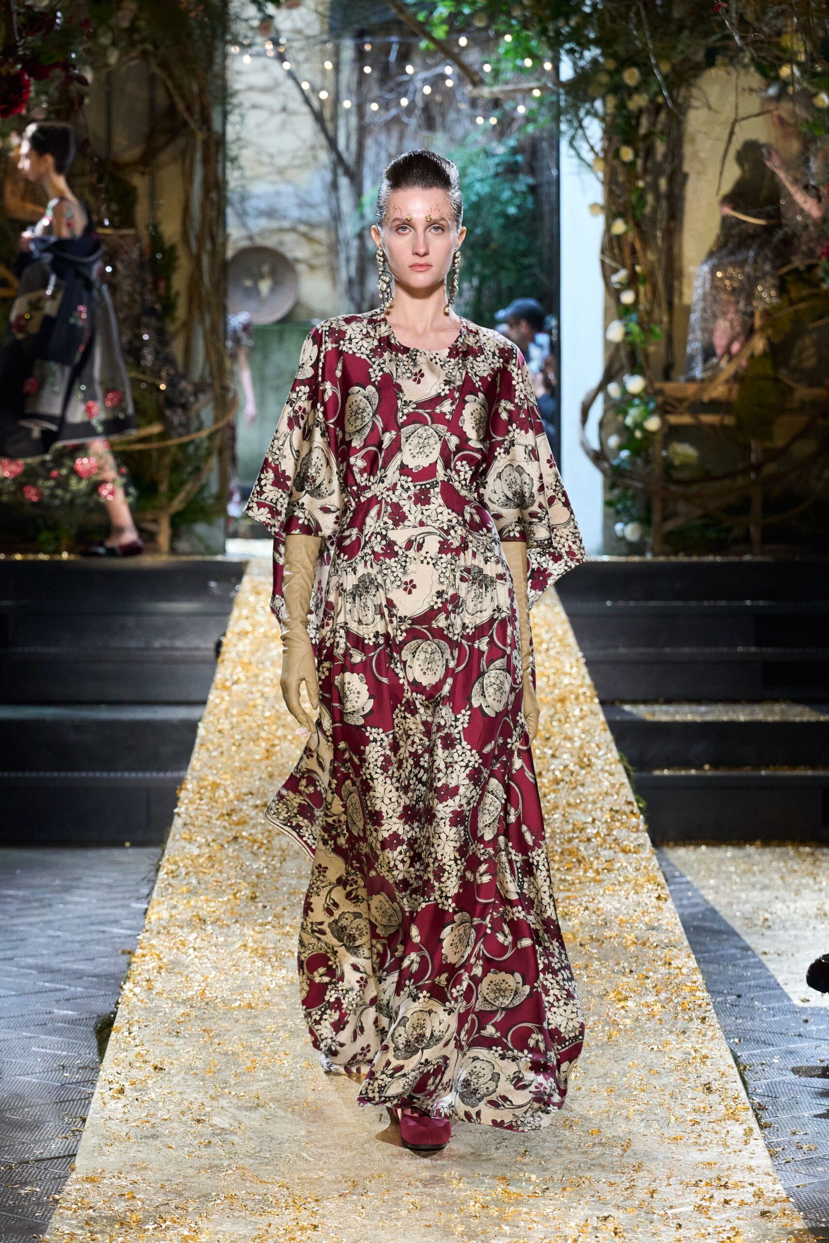red silk short-sleeve v-neck relaxed floral tiered dress