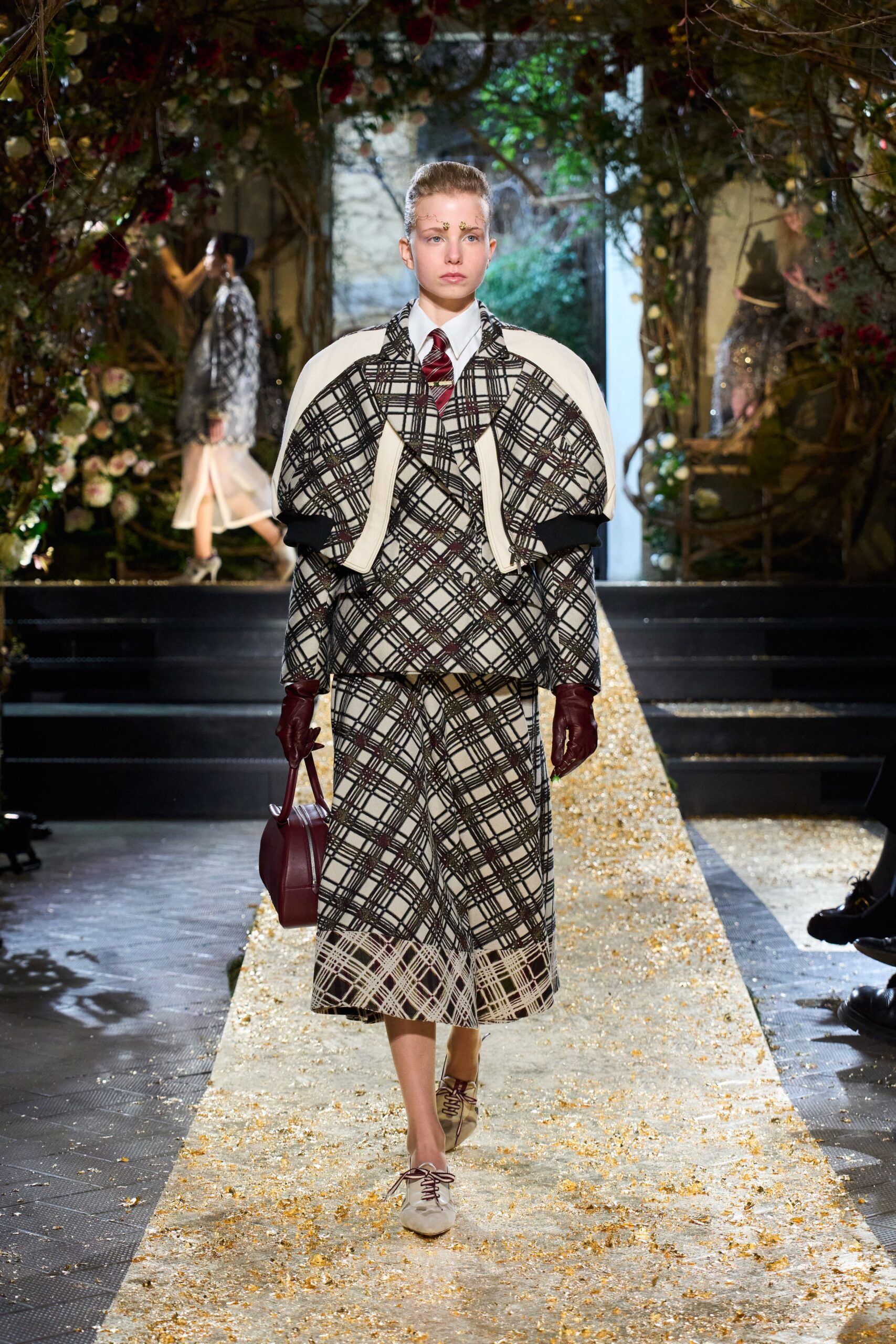 black wool long-sleeve collared structured checked coat