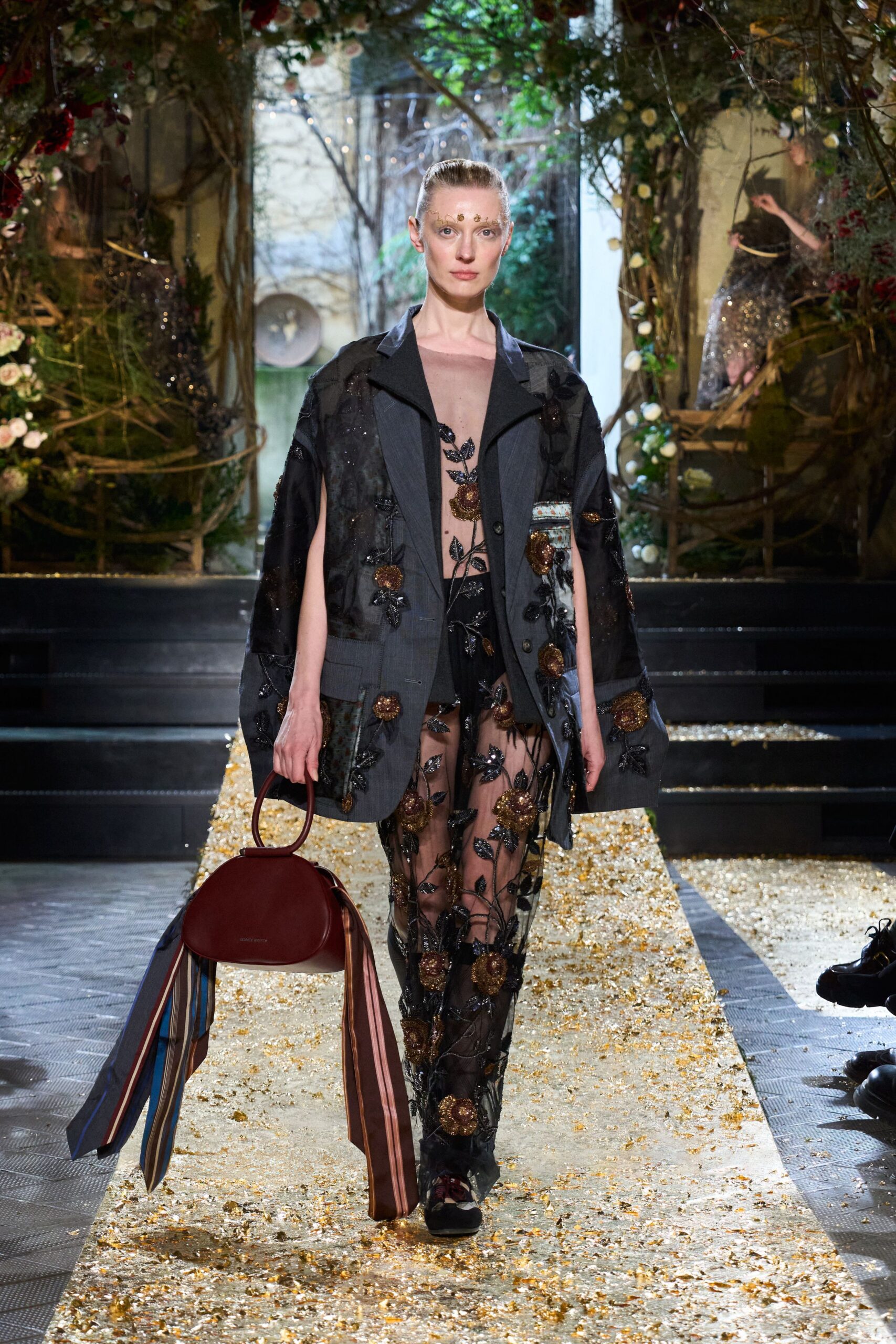 black mesh fitted flared sheer pants