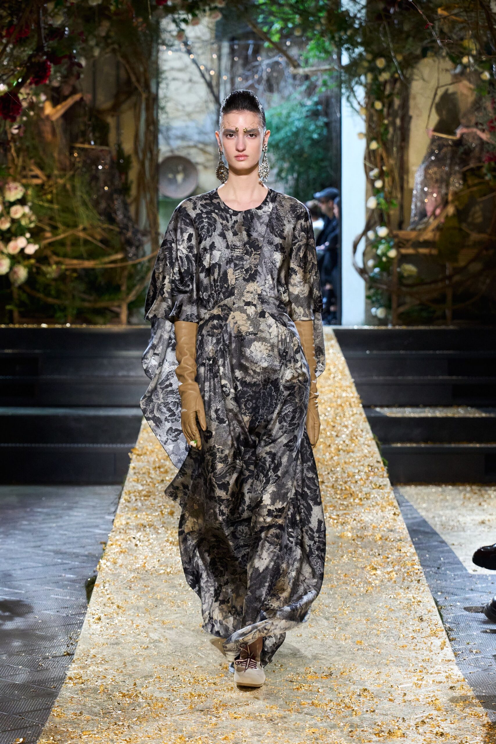 black silk long-sleeve v-neck relaxed printed flowing gown
