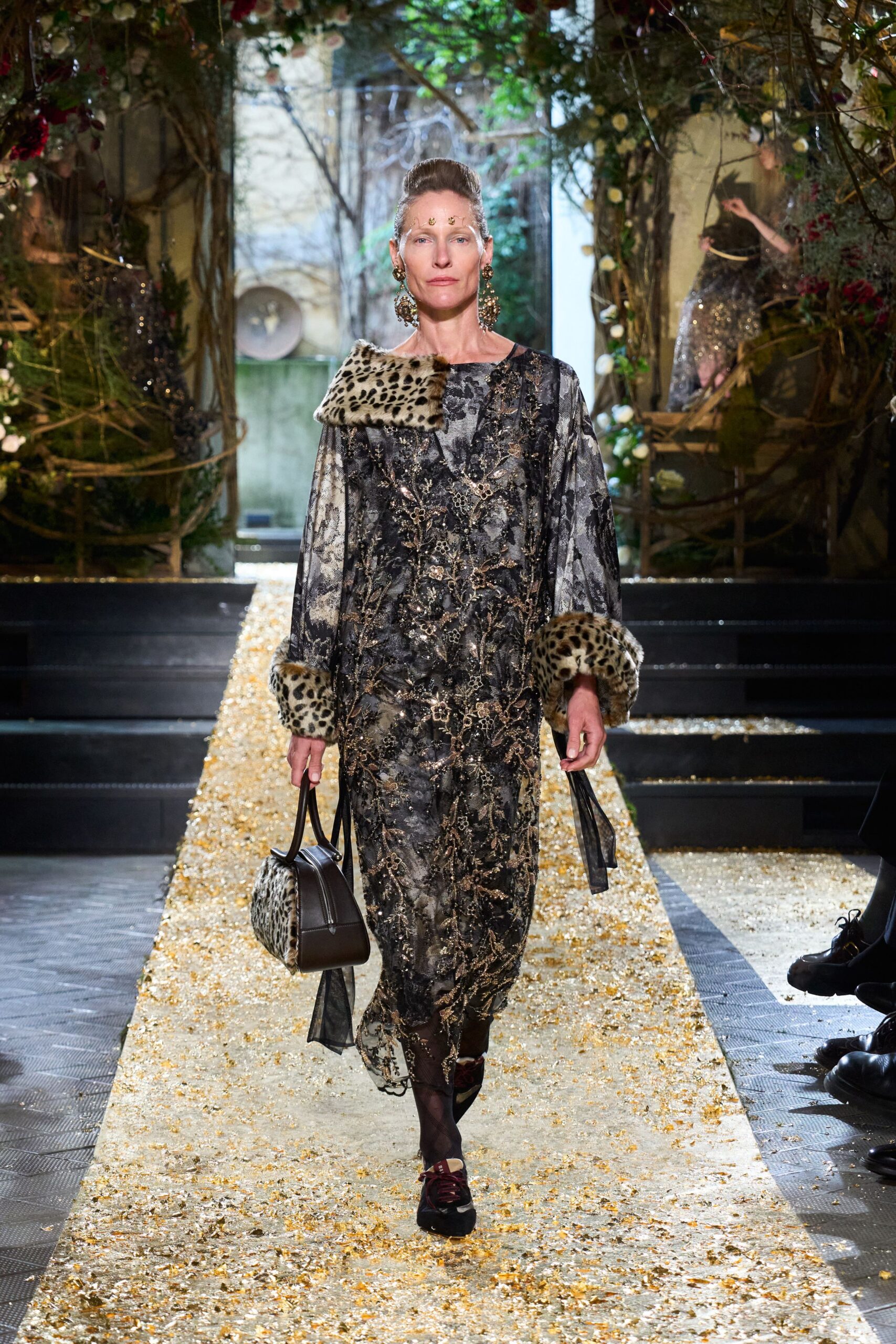 black silk long-sleeve collared relaxed floral layered dress