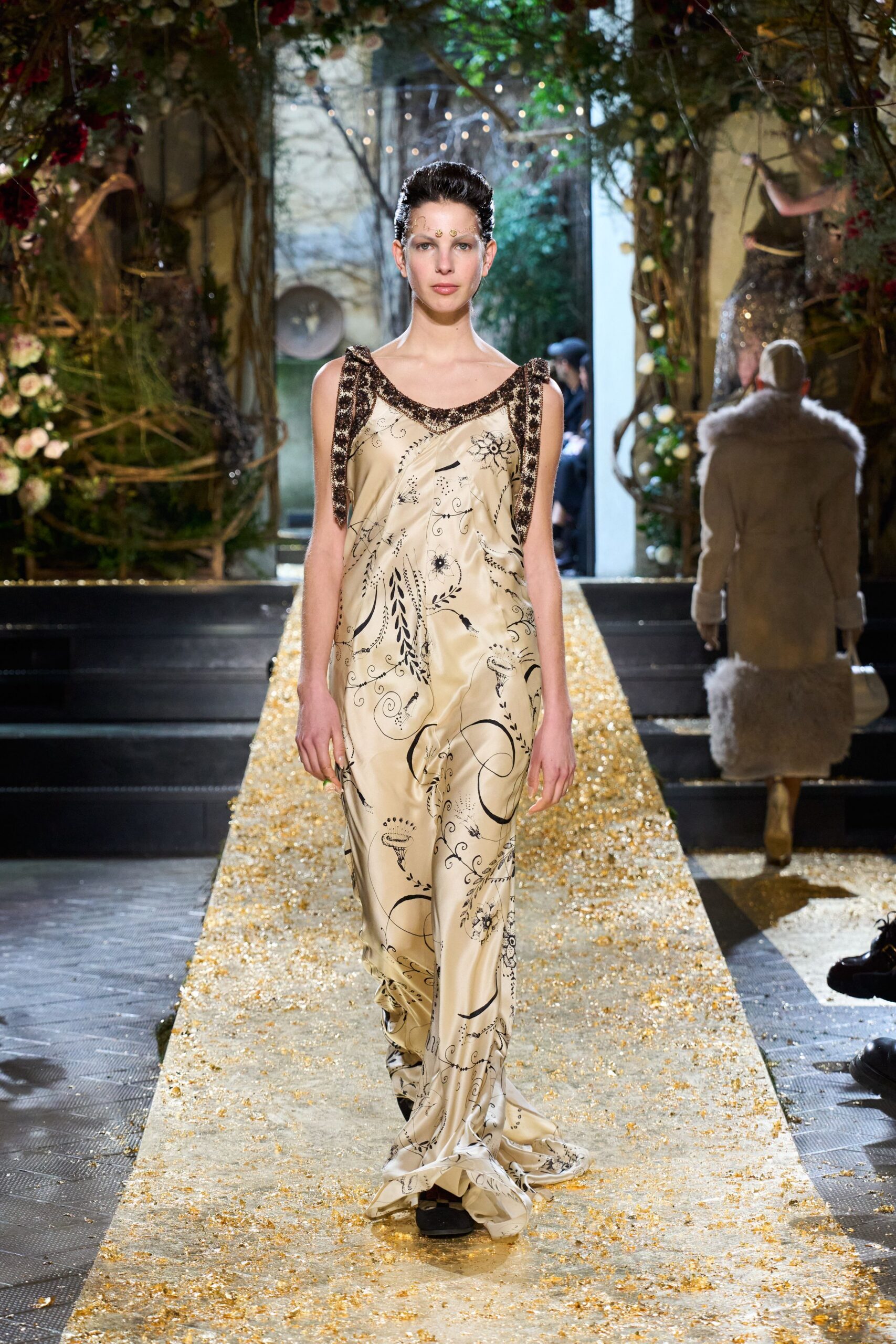 beige silk embroidered gown