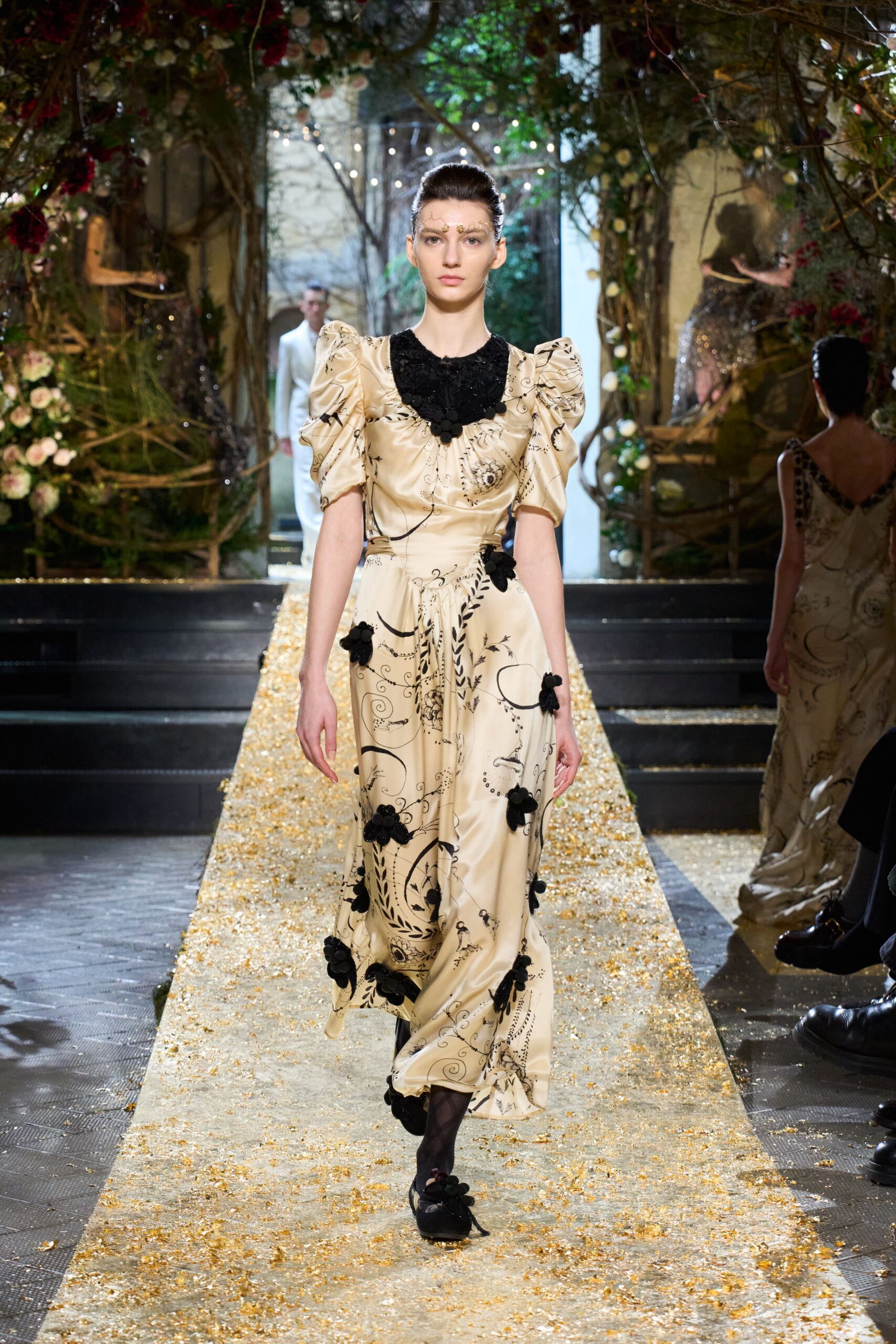 beige silk short-sleeve v-neck fitted floral pleated dress