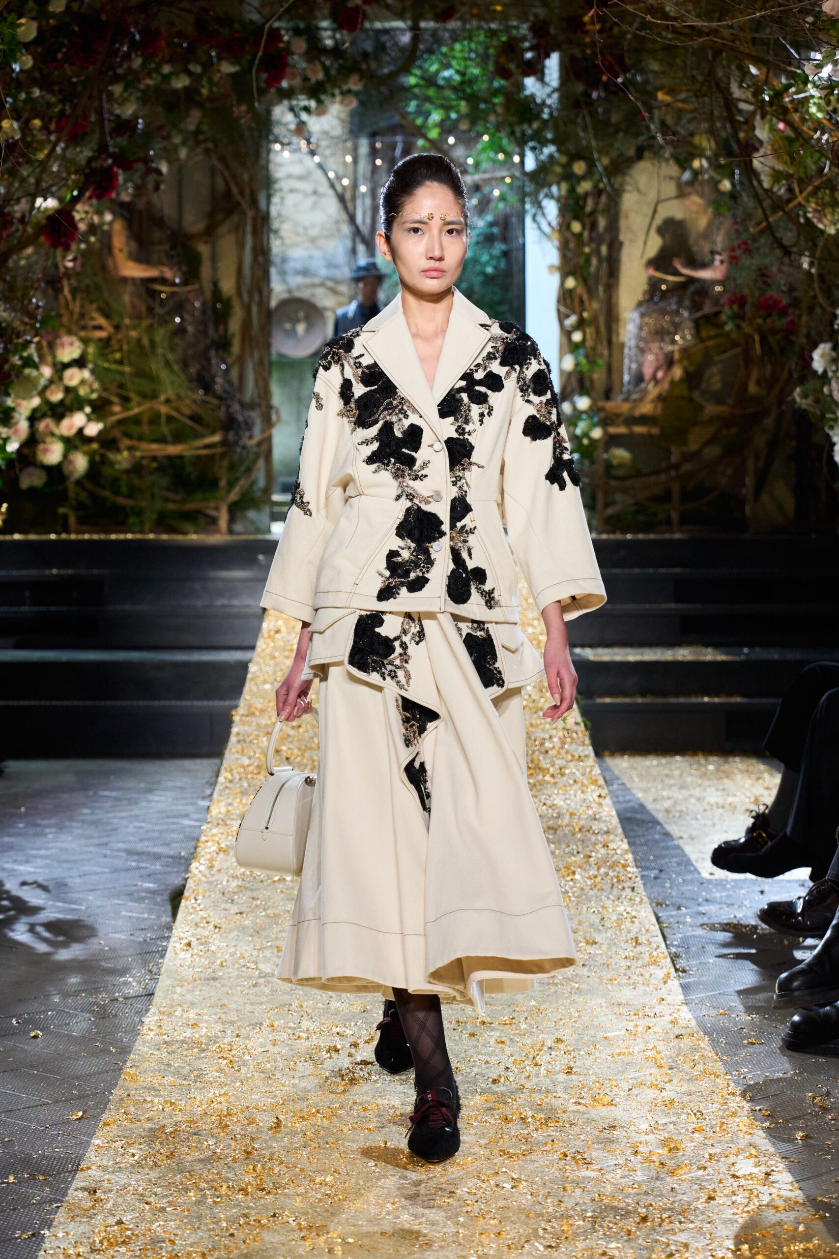 white cotton long-sleeve collared relaxed embroidered midi coat