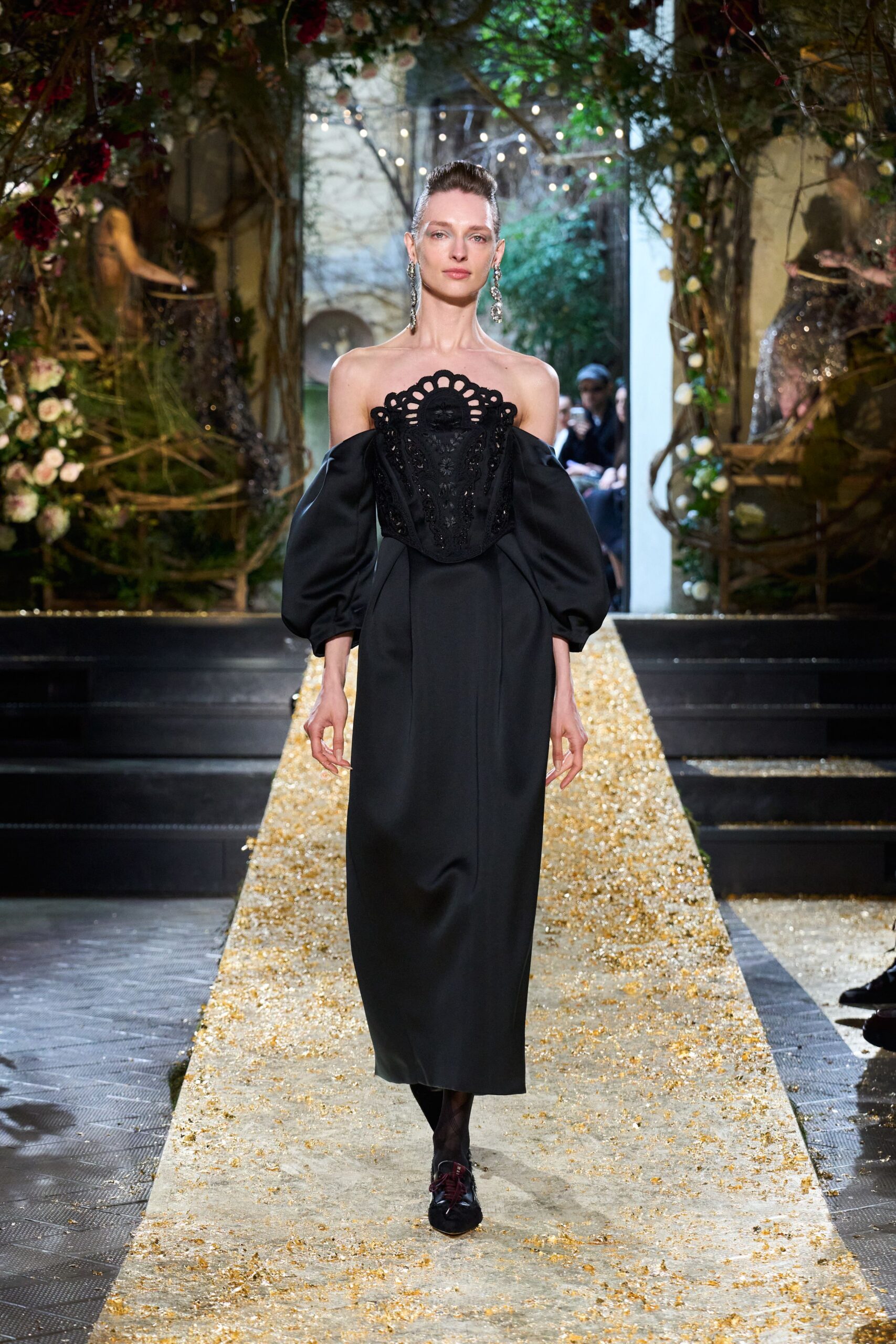 black silk long-sleeve off-shoulder fitted pleated embroidered gown