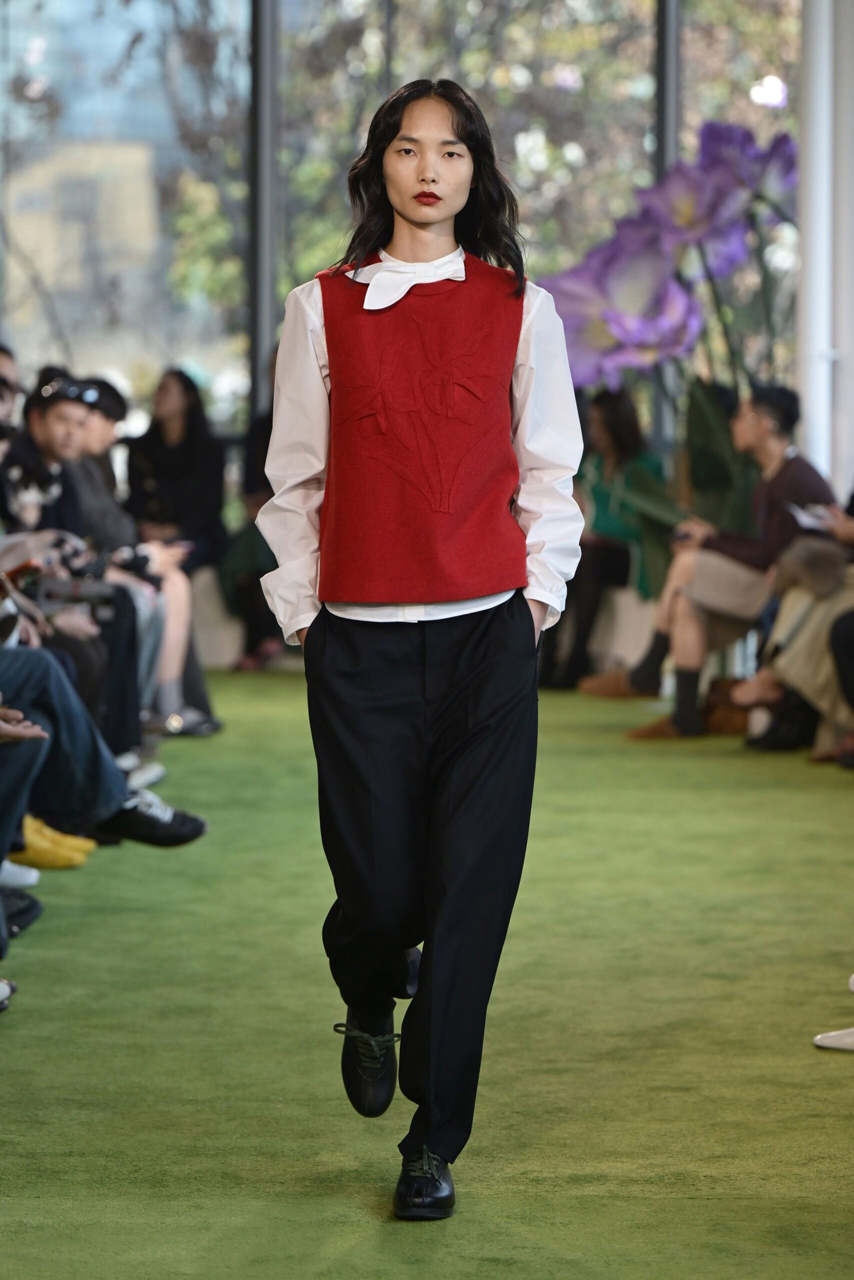 red cotton long-sleeve collared fitted embroidered top