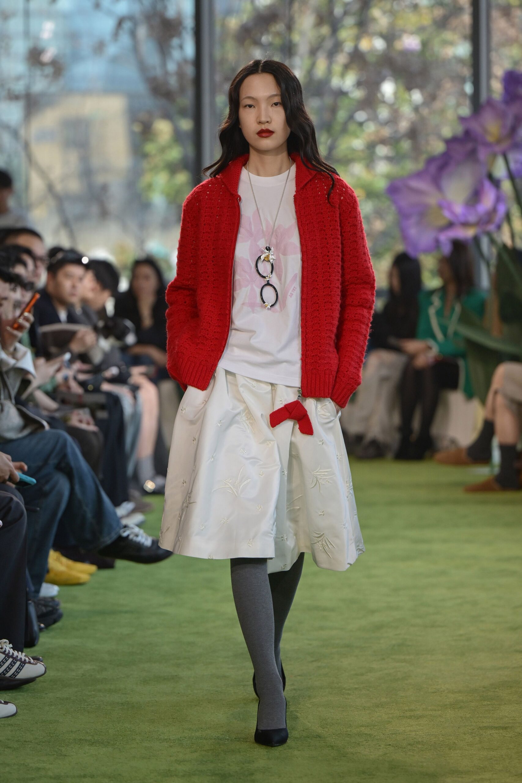 red cotton long-sleeve relaxed cardigan