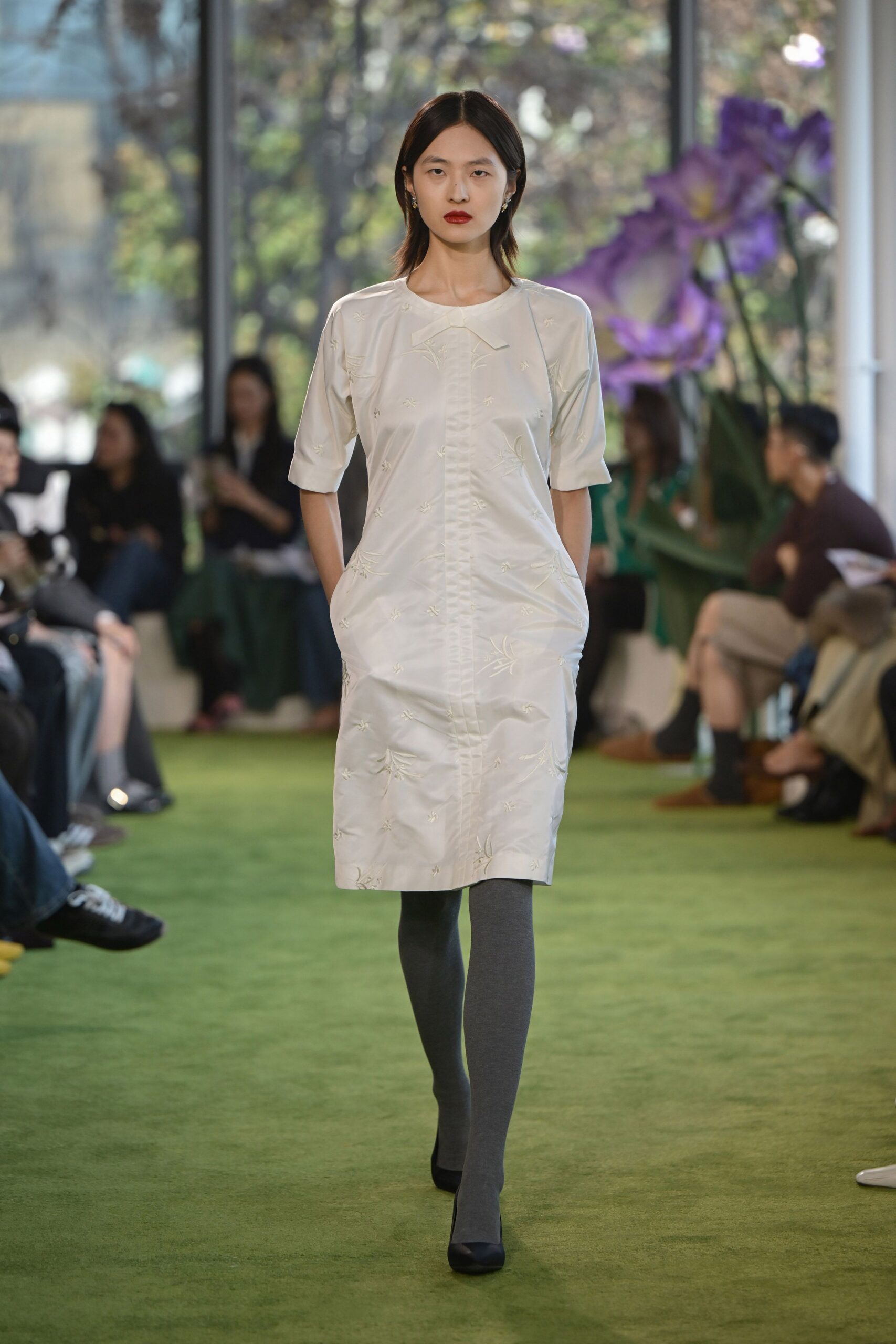 white silk short-sleeve collared fitted embroidered midi dress