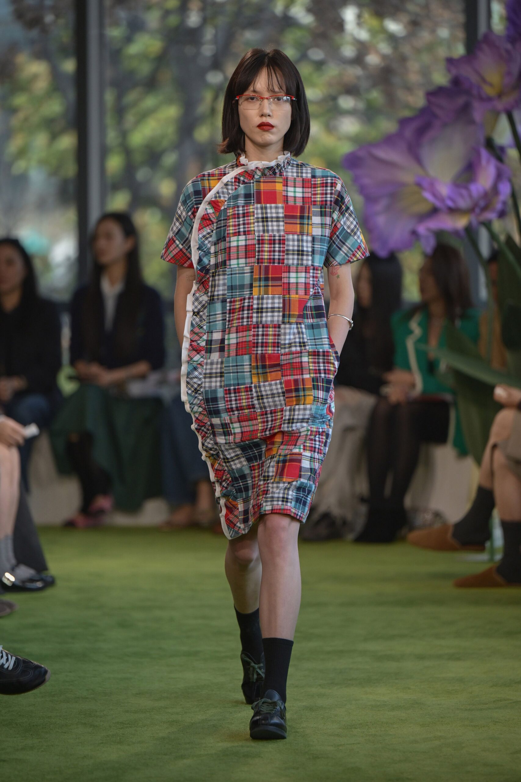 multi cotton short-sleeve collared fitted checked midi dress