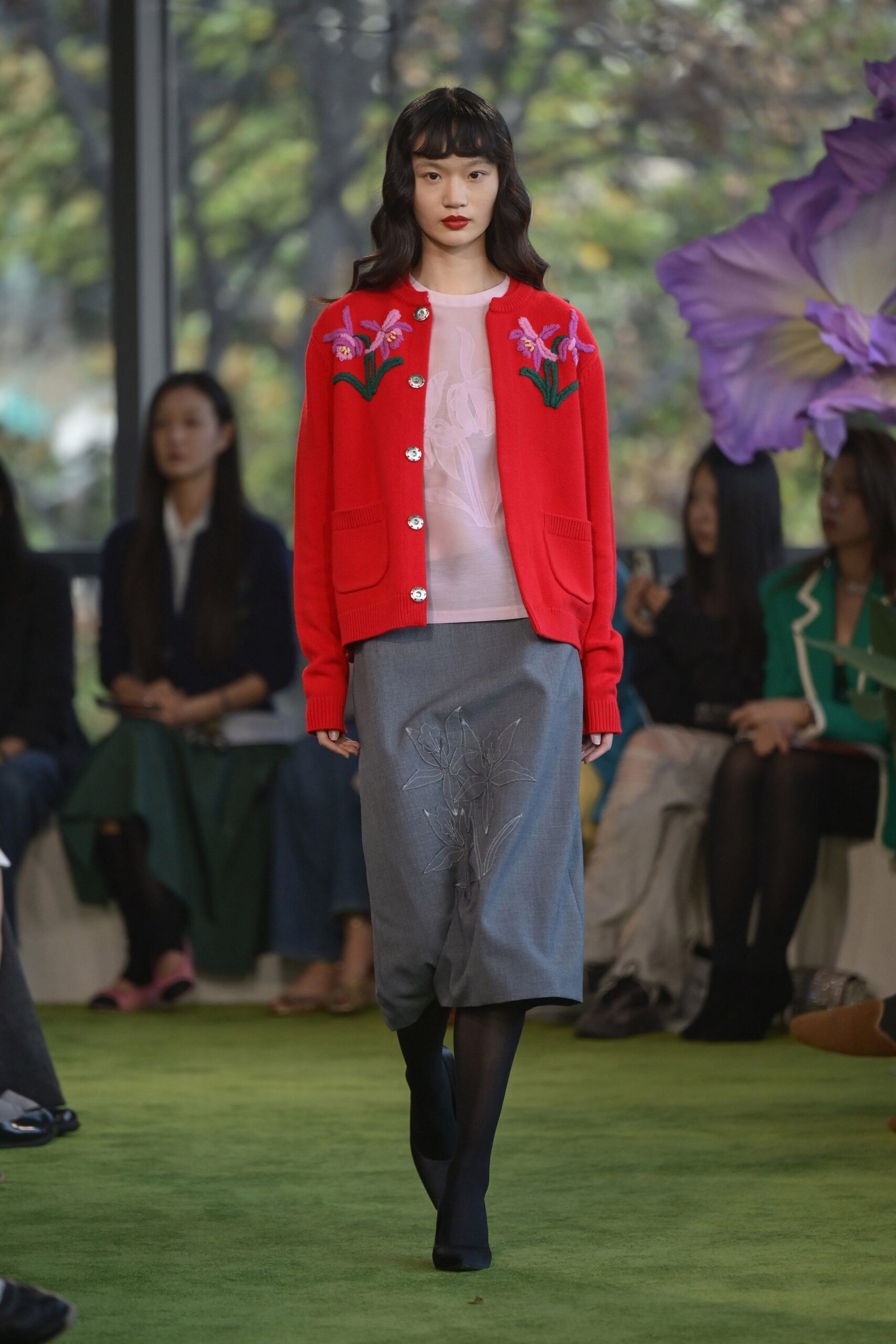 red cotton long-sleeve collared fitted embroidered cardigan