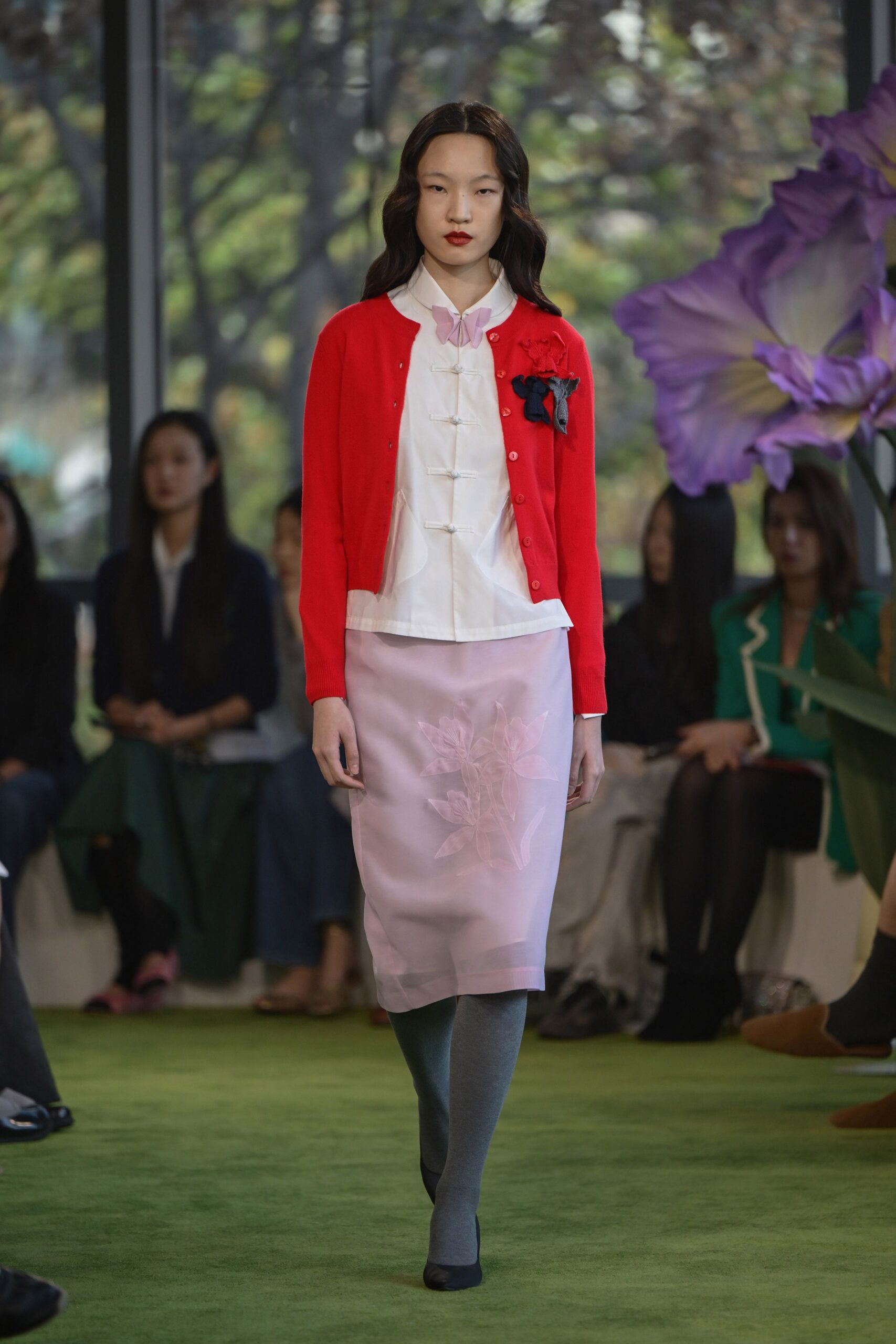 red long-sleeve collared fitted cardigan