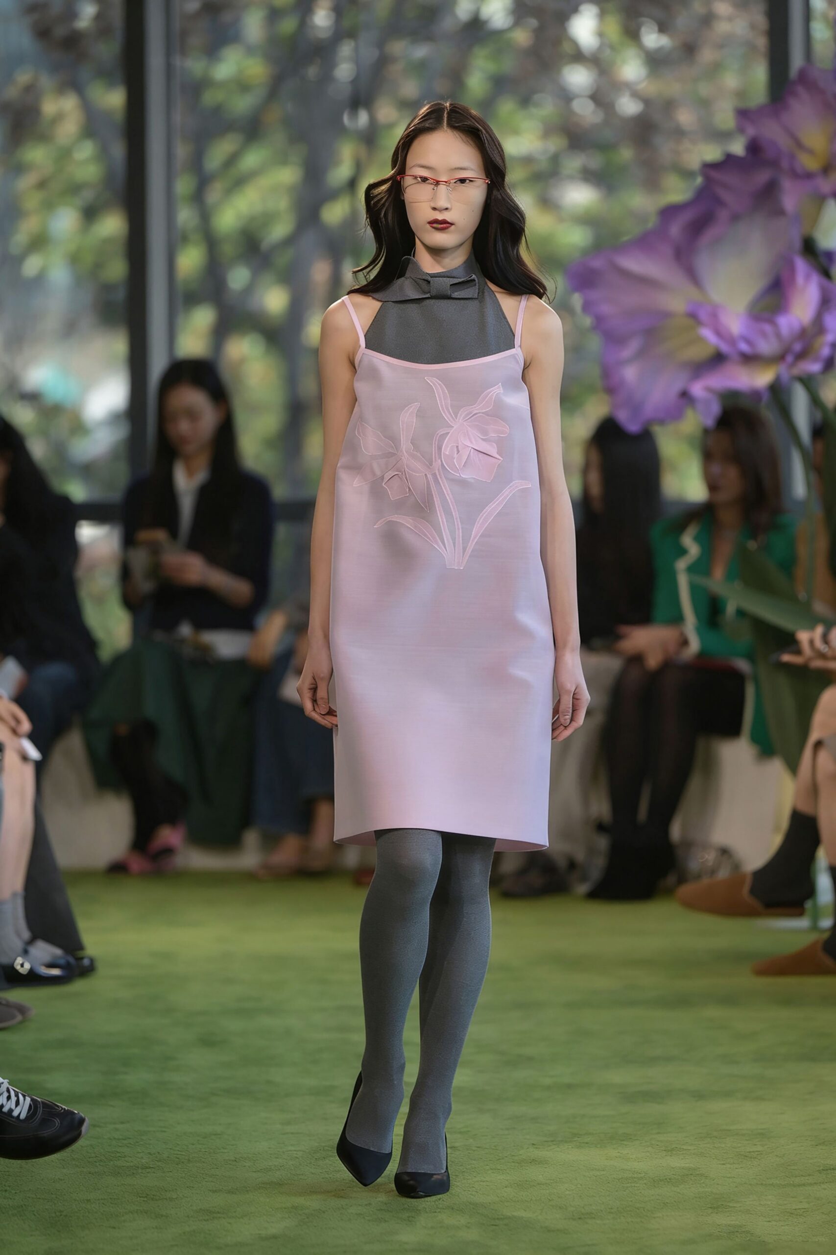 pink silk sleeveless high-neck fitted embroidered mini dress