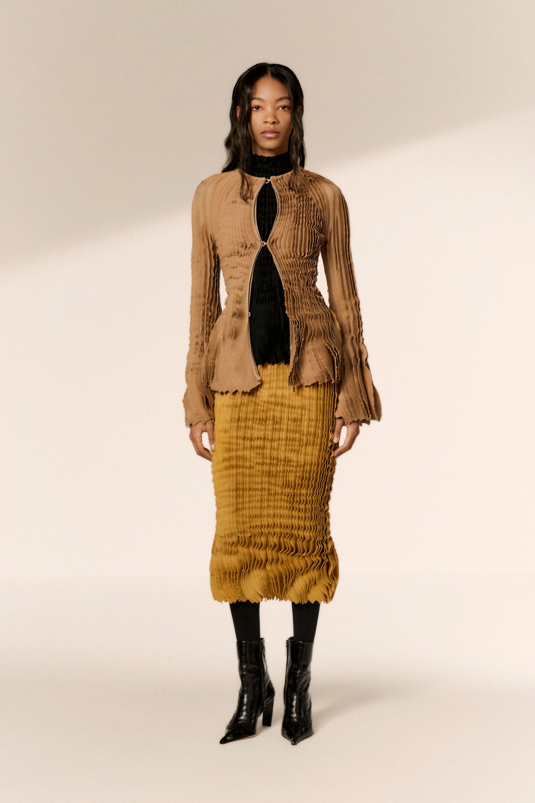 beige silk long-sleeve collared fitted pleated top