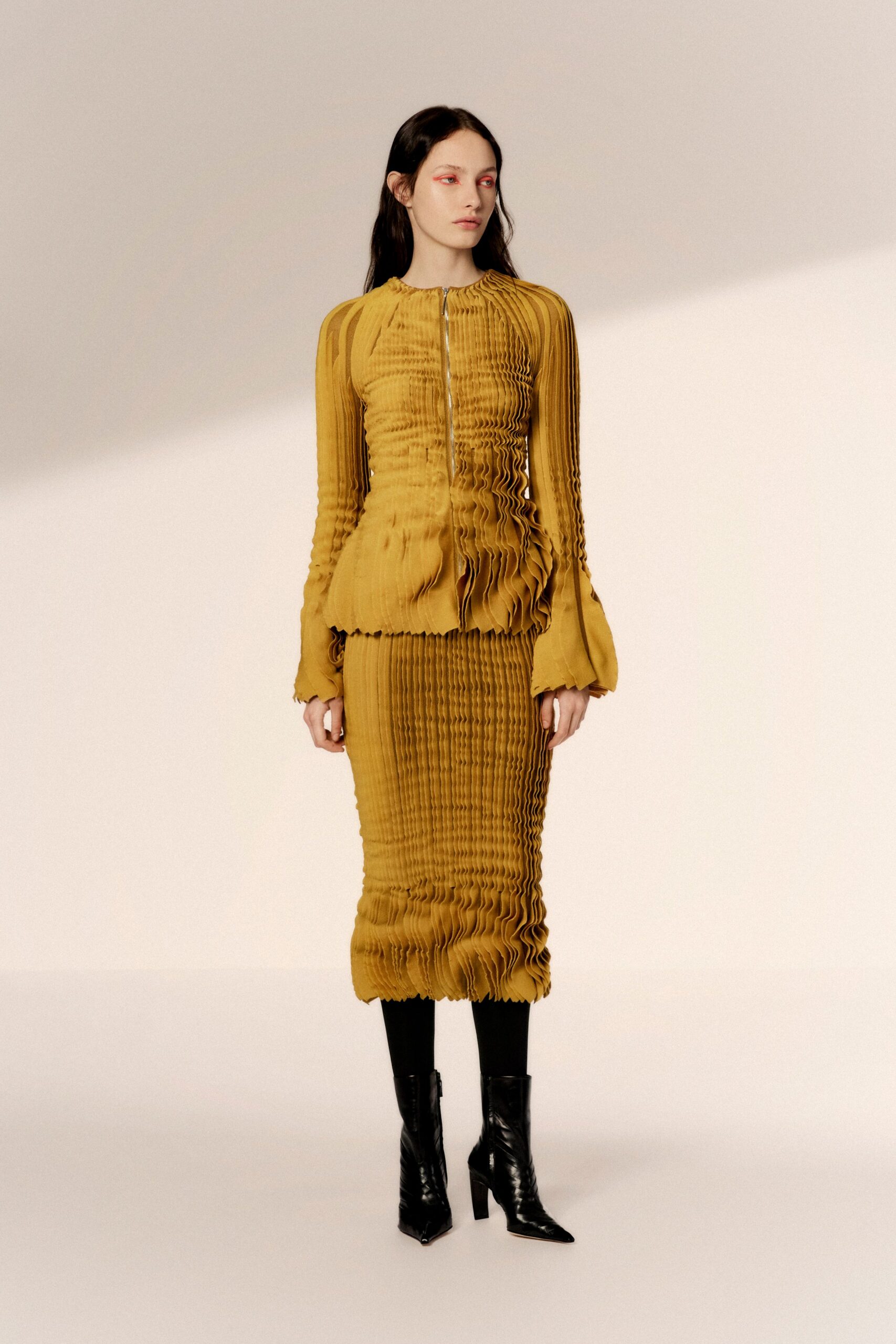 yellow silk long-sleeve high-neck fitted pleated top