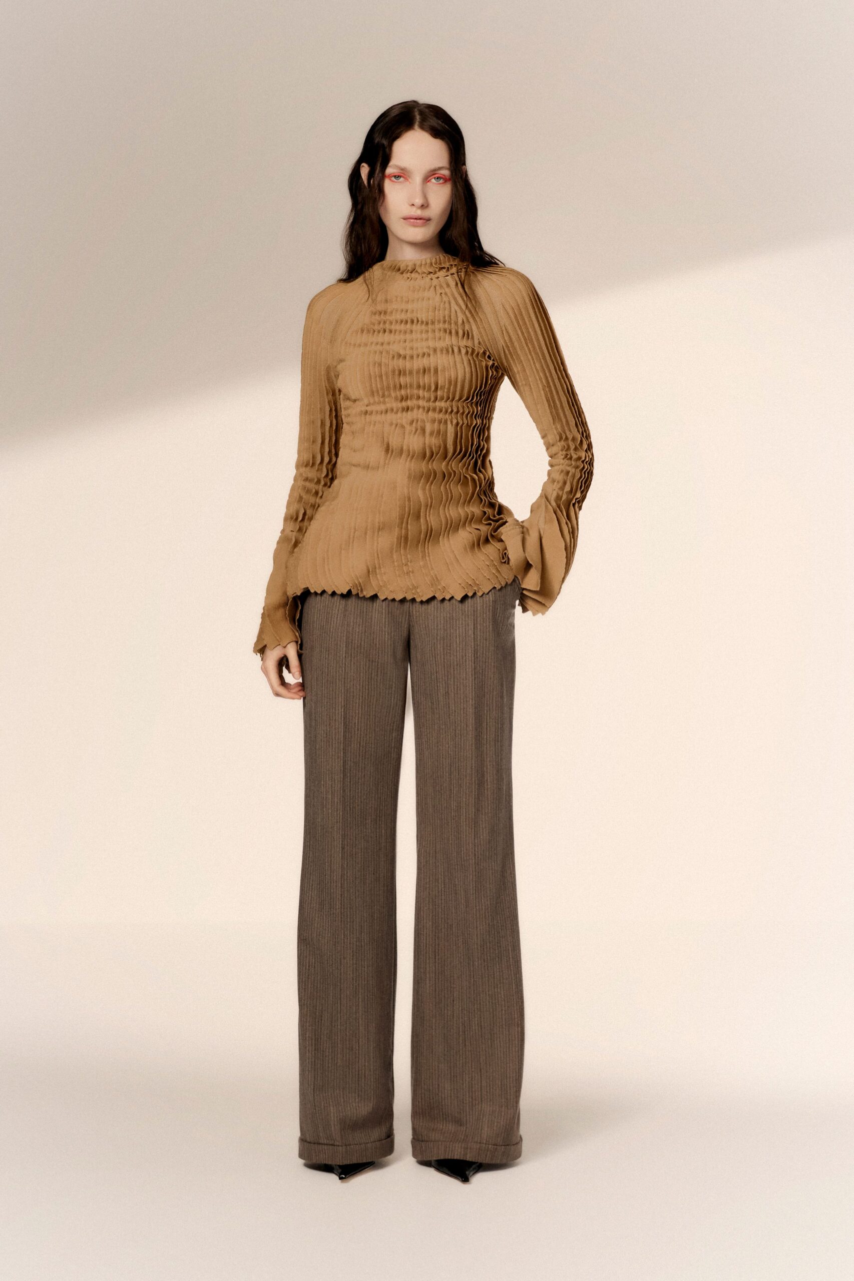 brown silk long-sleeve high-neck fitted pleated top