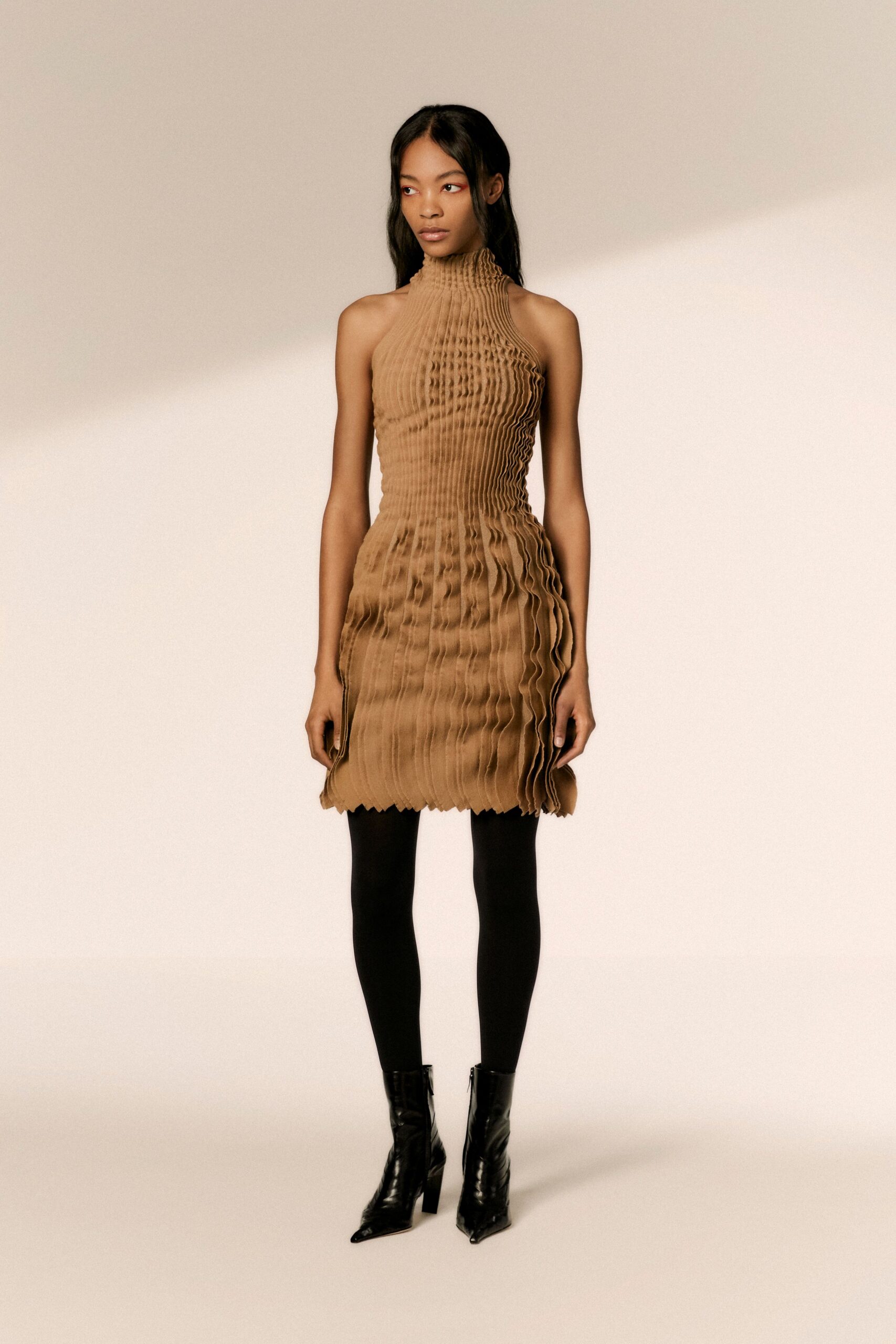 brown knit sleeveless high-neck fitted ruched mini dress