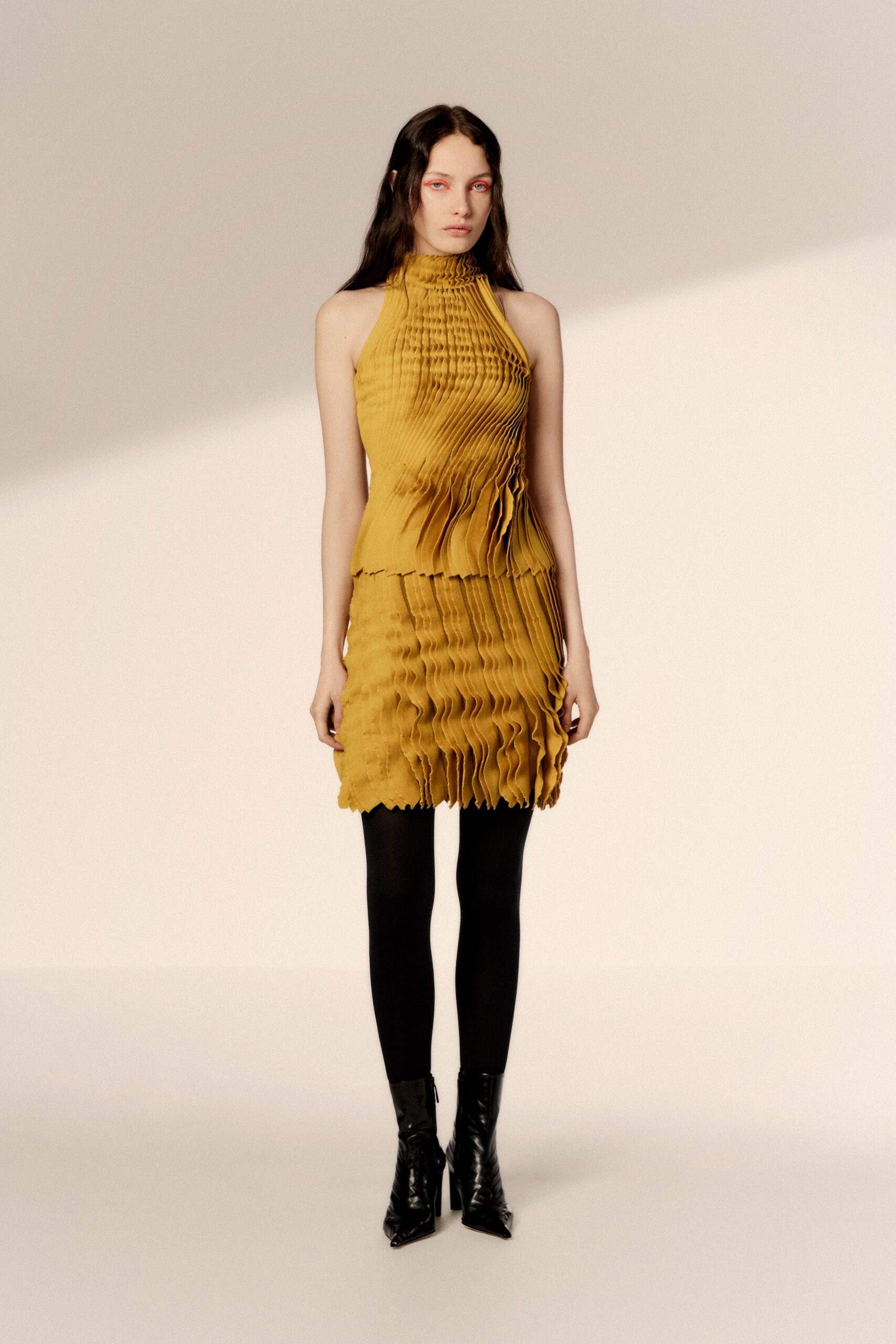 yellow silk sleeveless high-neck fitted pleated mini dress