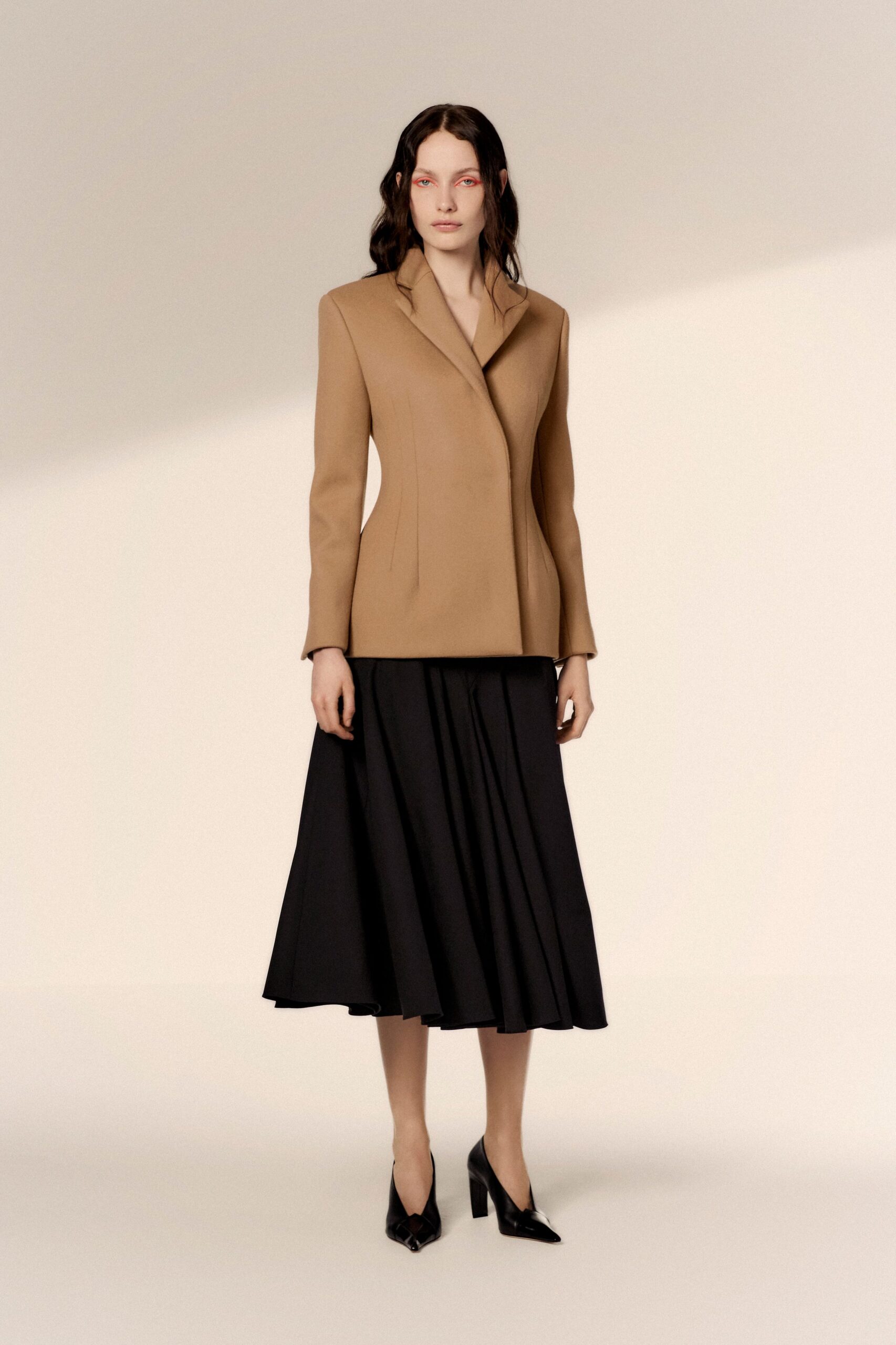 beige wool long-sleeve collared structured blazer
