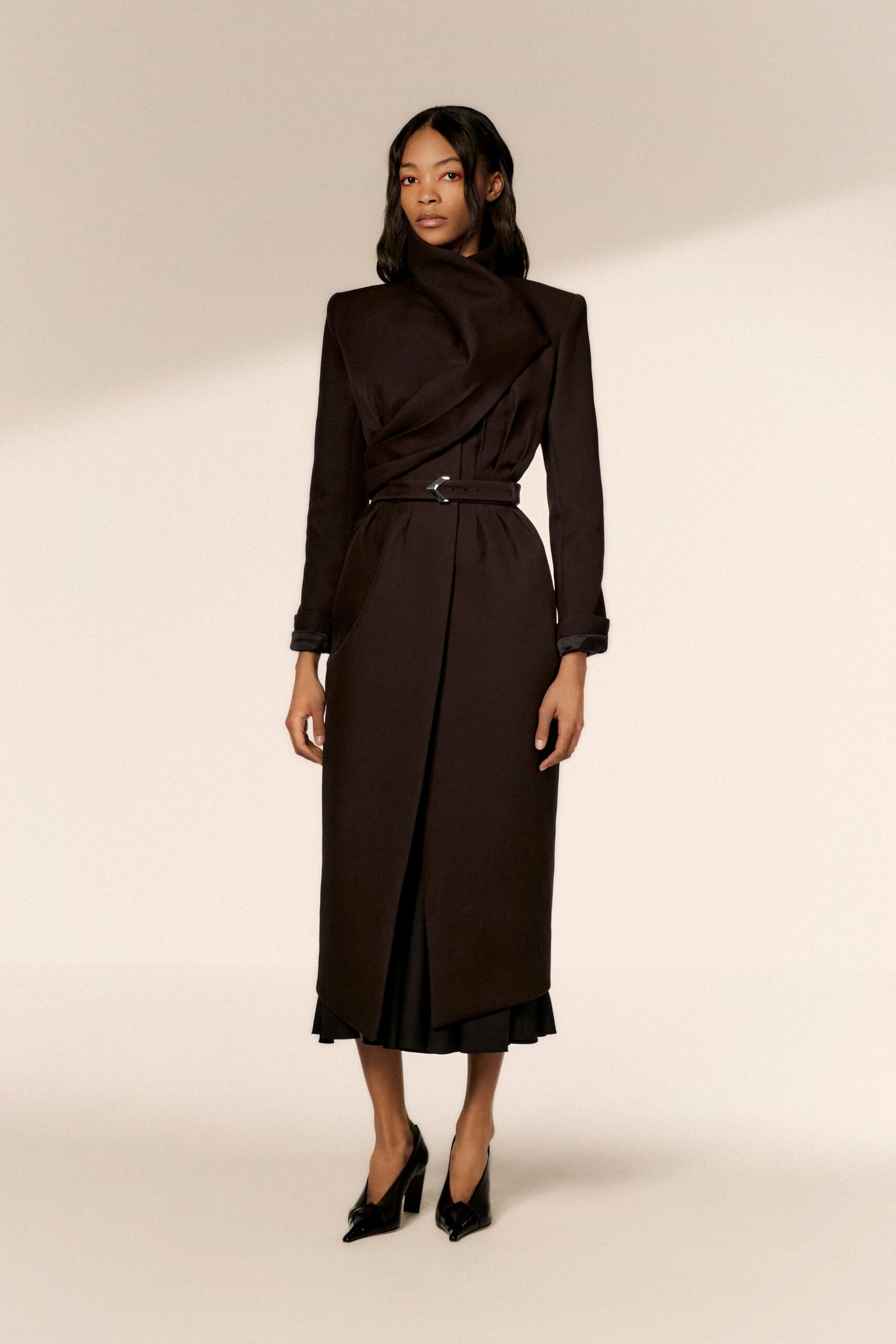 brown wool long-sleeve collared fitted belted midi coat