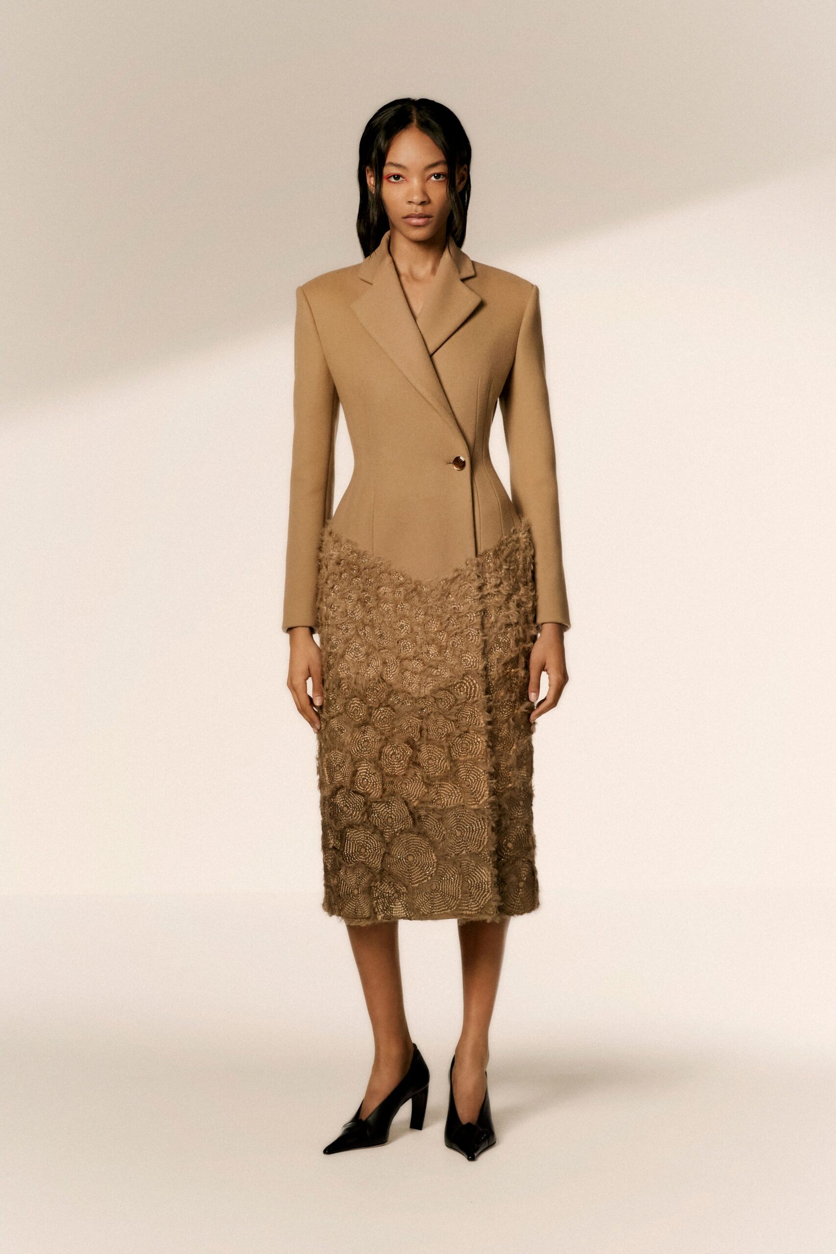 beige wool long-sleeve collared fitted pleated embroidered dress