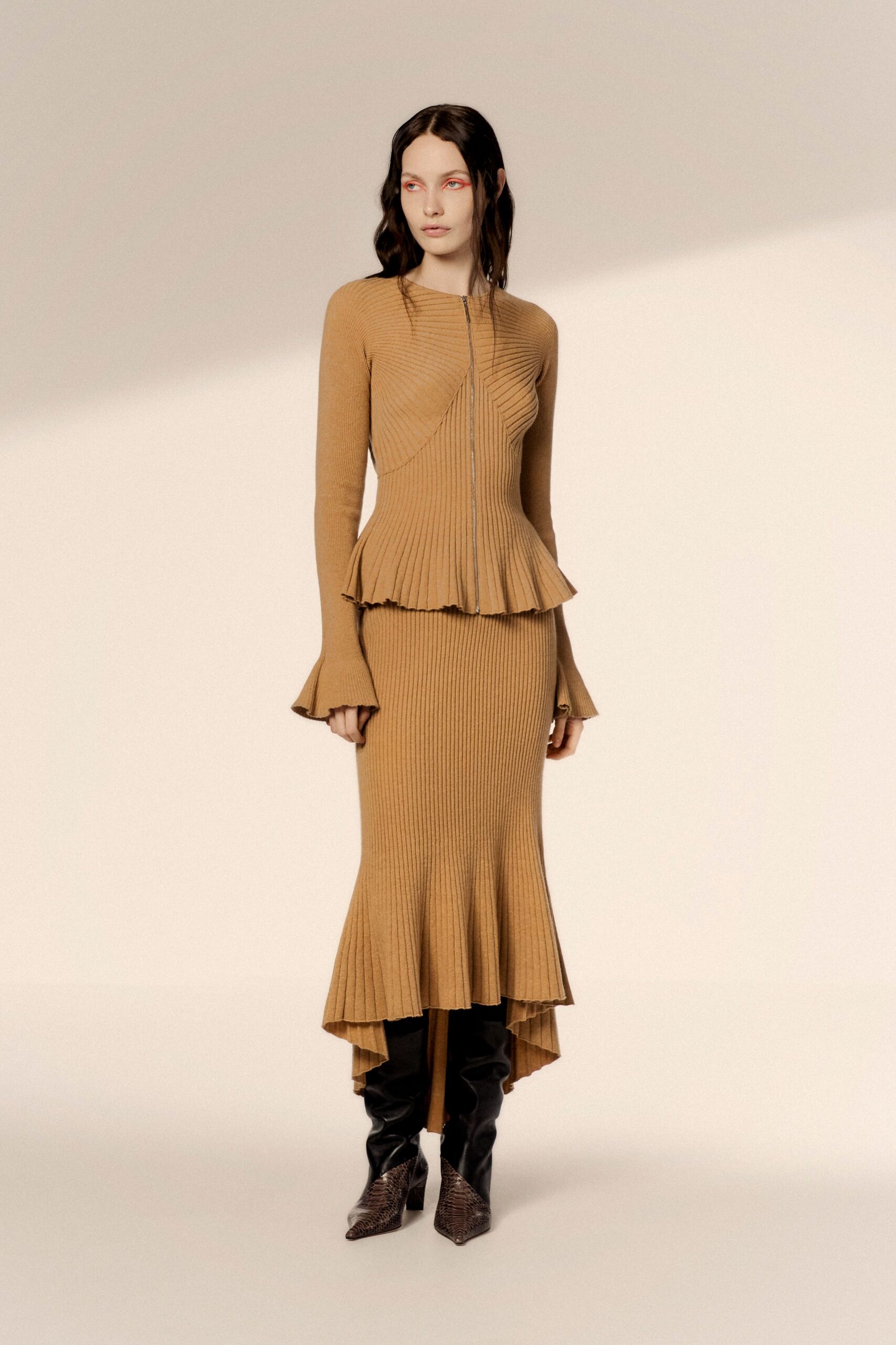brown knit long-sleeve v-neck fitted pleated tiered dress
