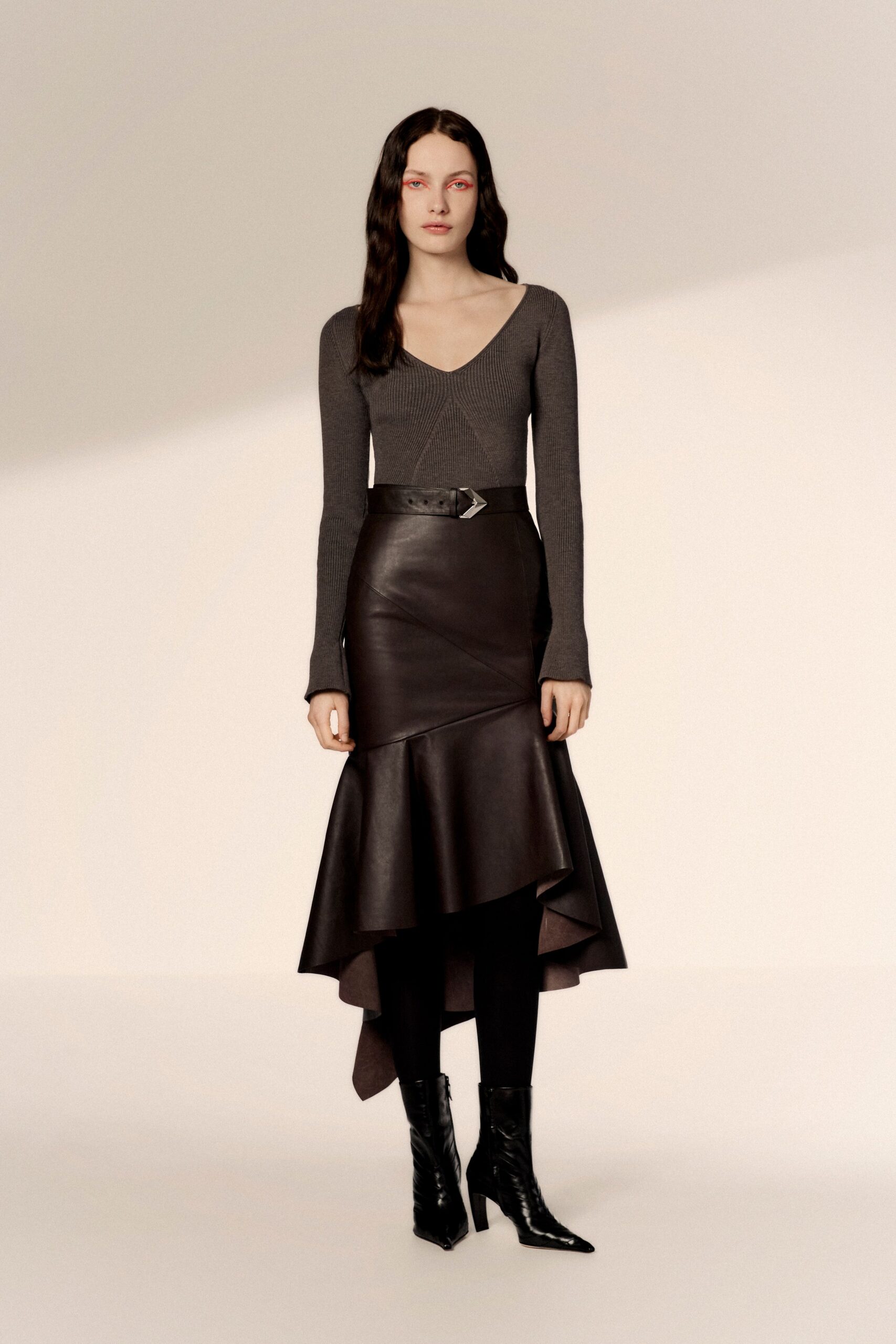 brown leather asymmetric fitted flared skirt