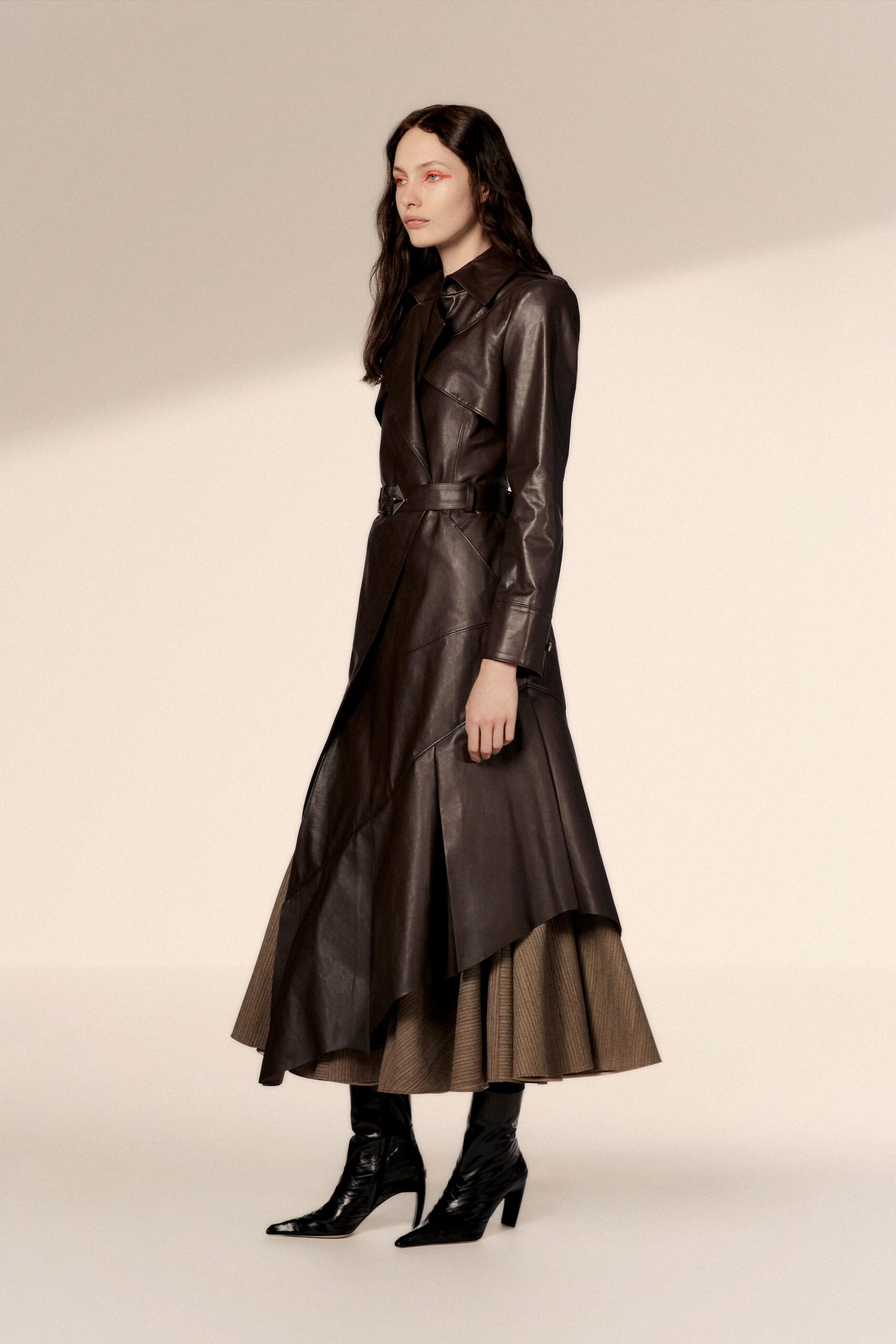 brown leather long-sleeve collared fitted belted layered dress