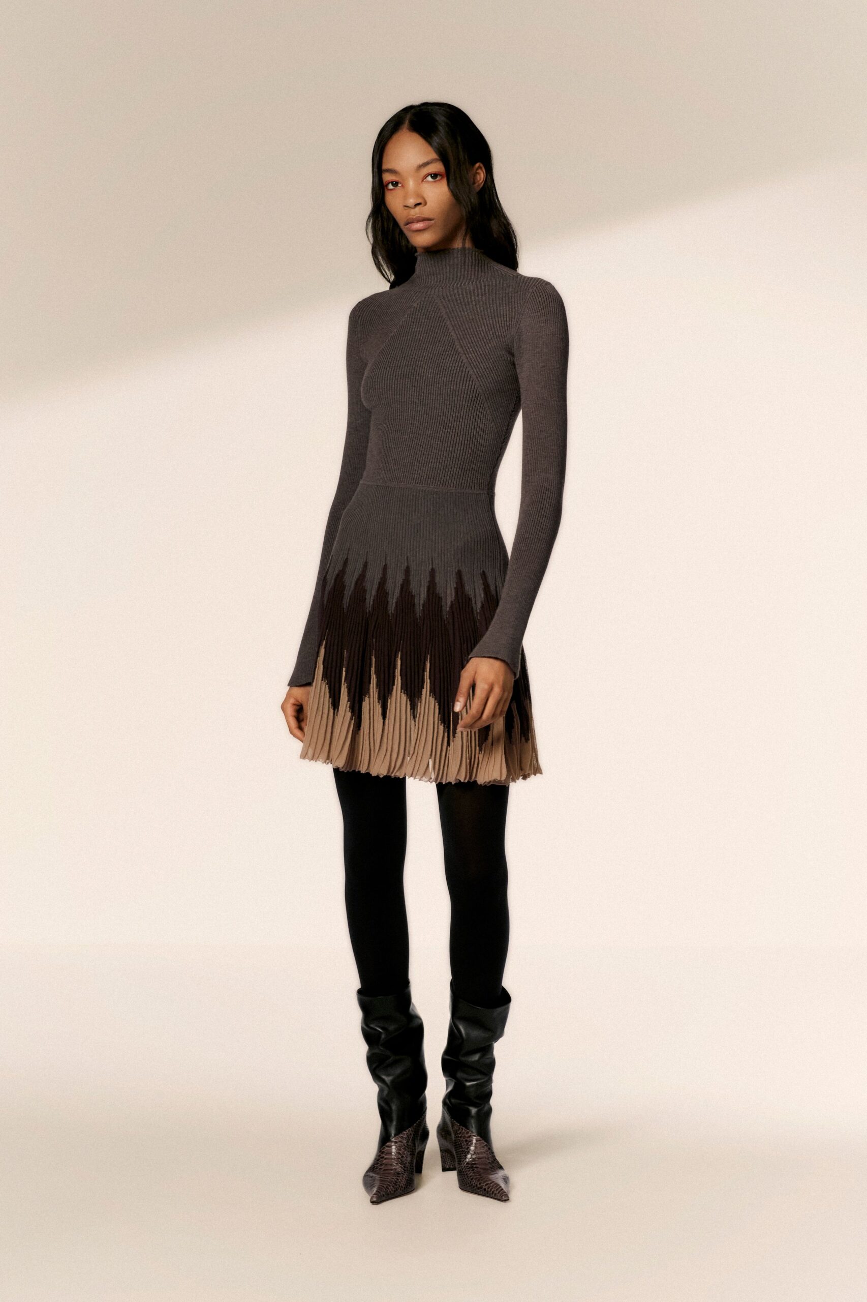 gray wool long-sleeve turtleneck fitted pleated color-blocked dress