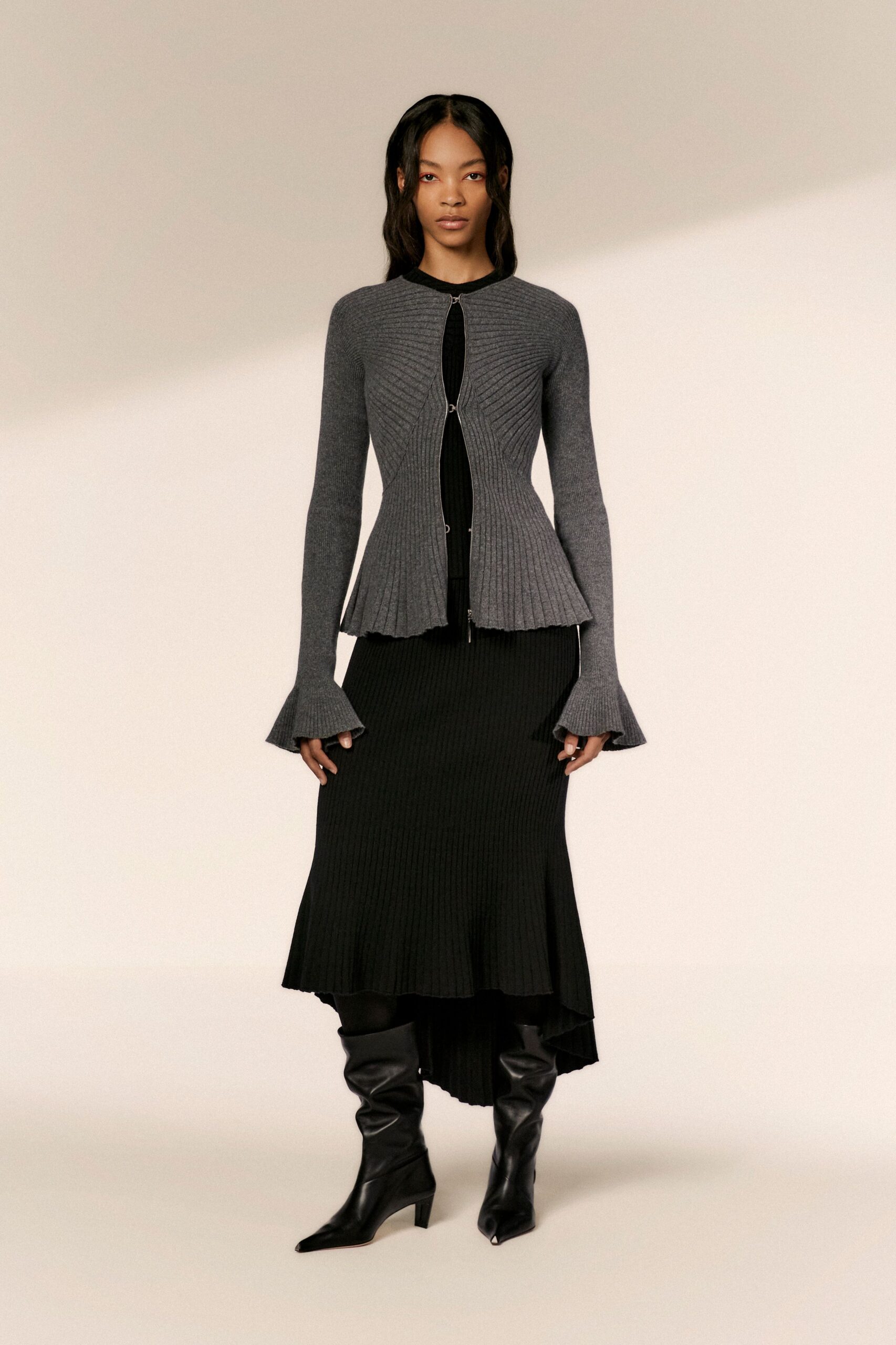 gray wool long-sleeve collared fitted ribbed cardigan