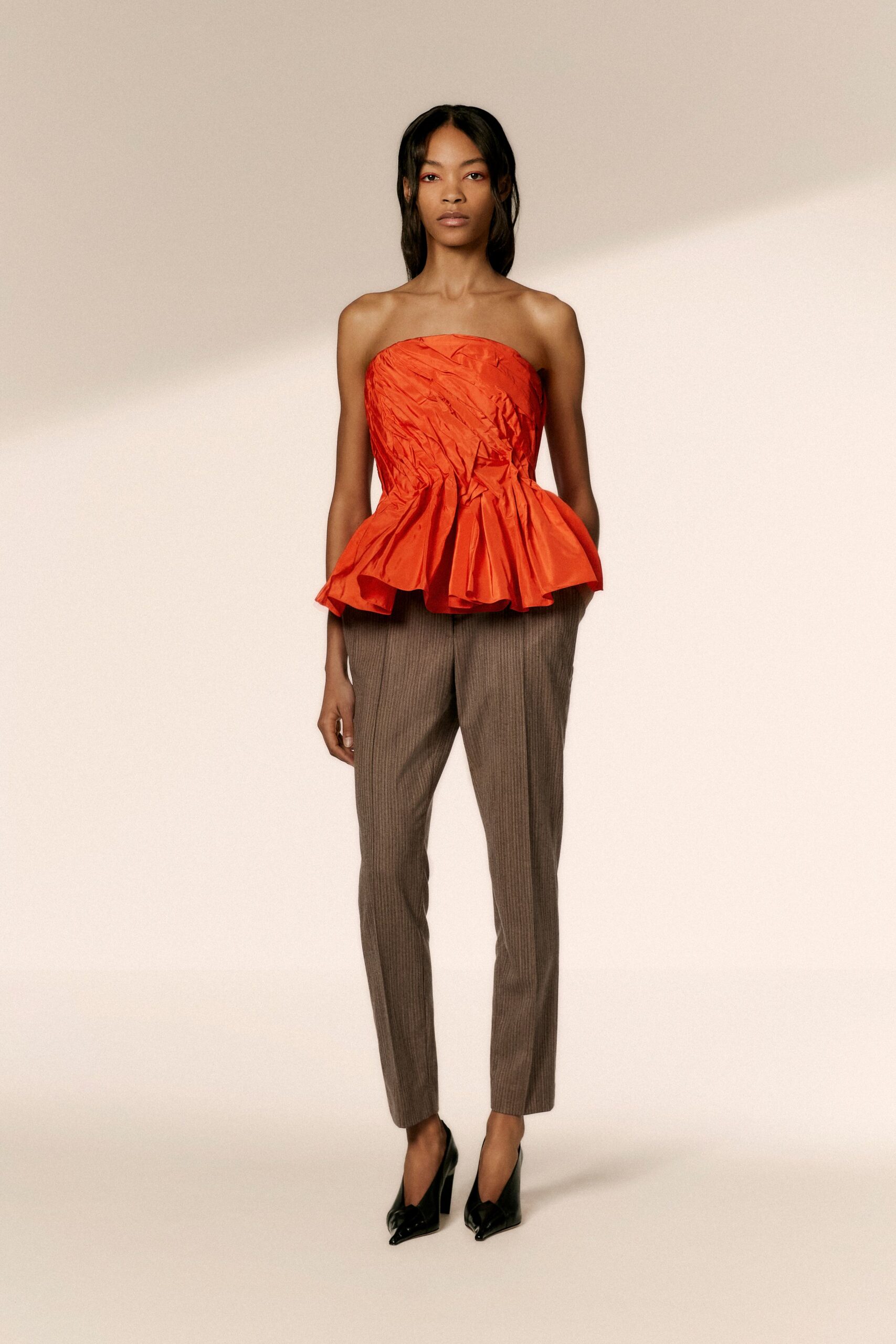 orange silk strapless fitted ruffled top