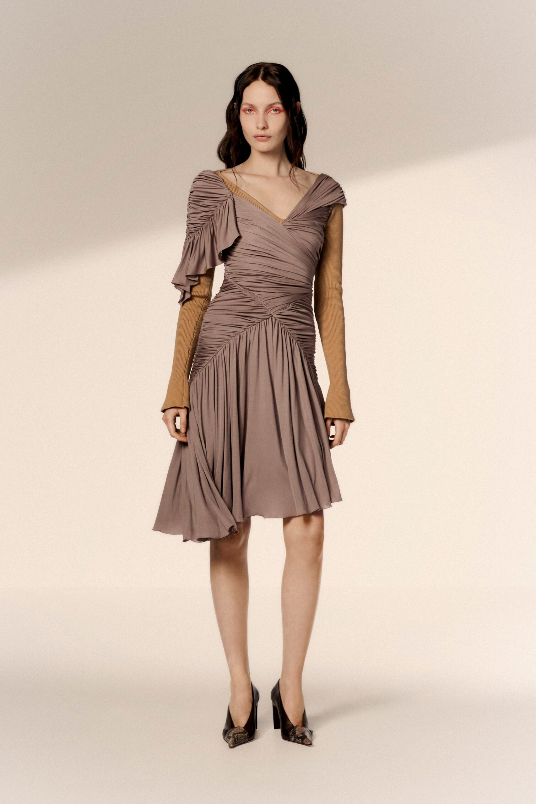 beige silk long-sleeve v-neck fitted pleated draped dress