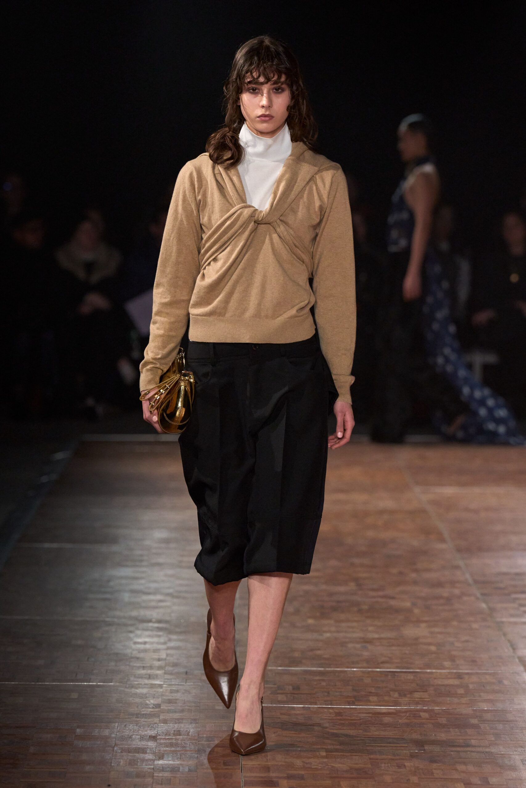 beige wool long-sleeve v-neck fitted draped top