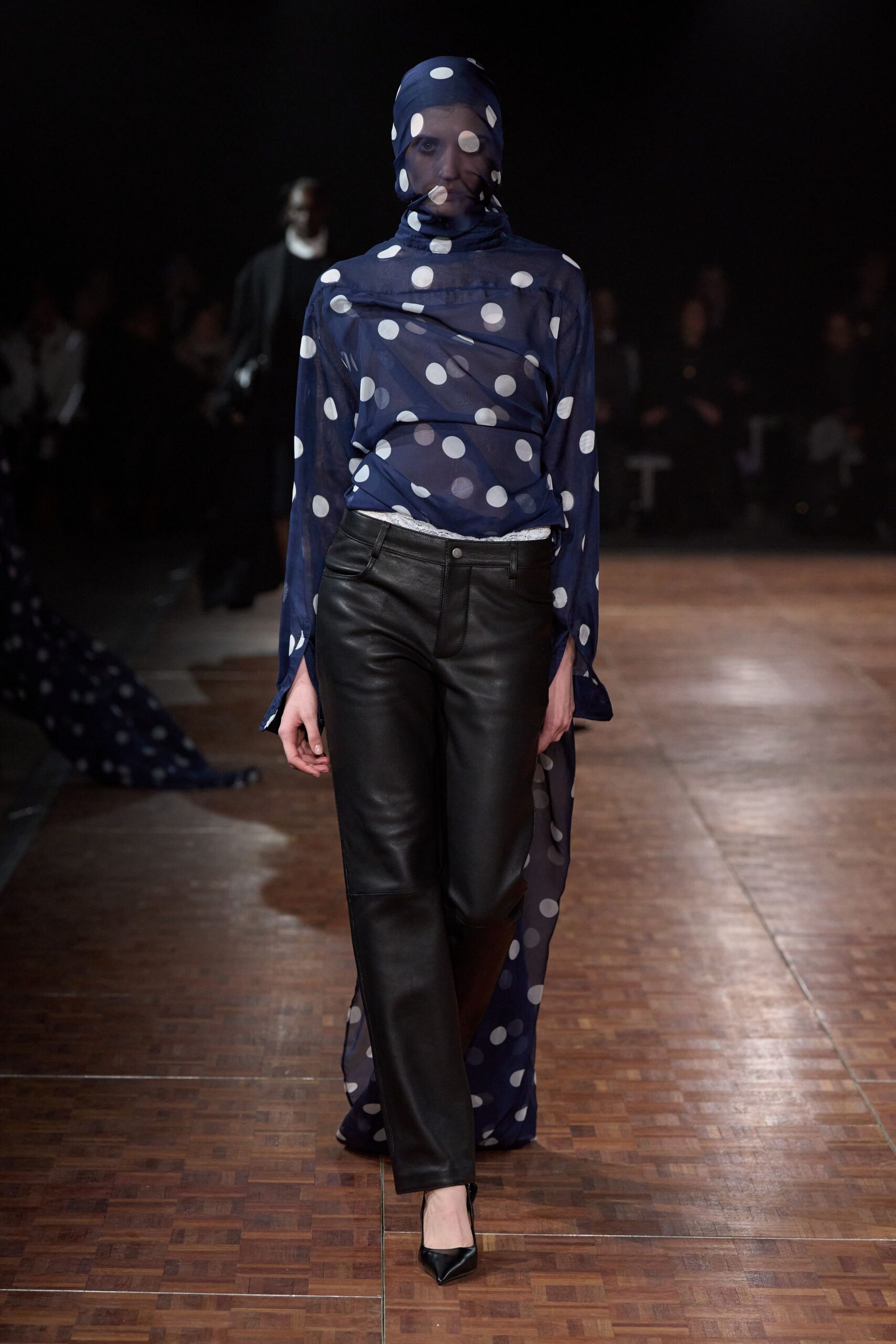 blue chiffon long-sleeve high-neck fitted polka-dot layered top