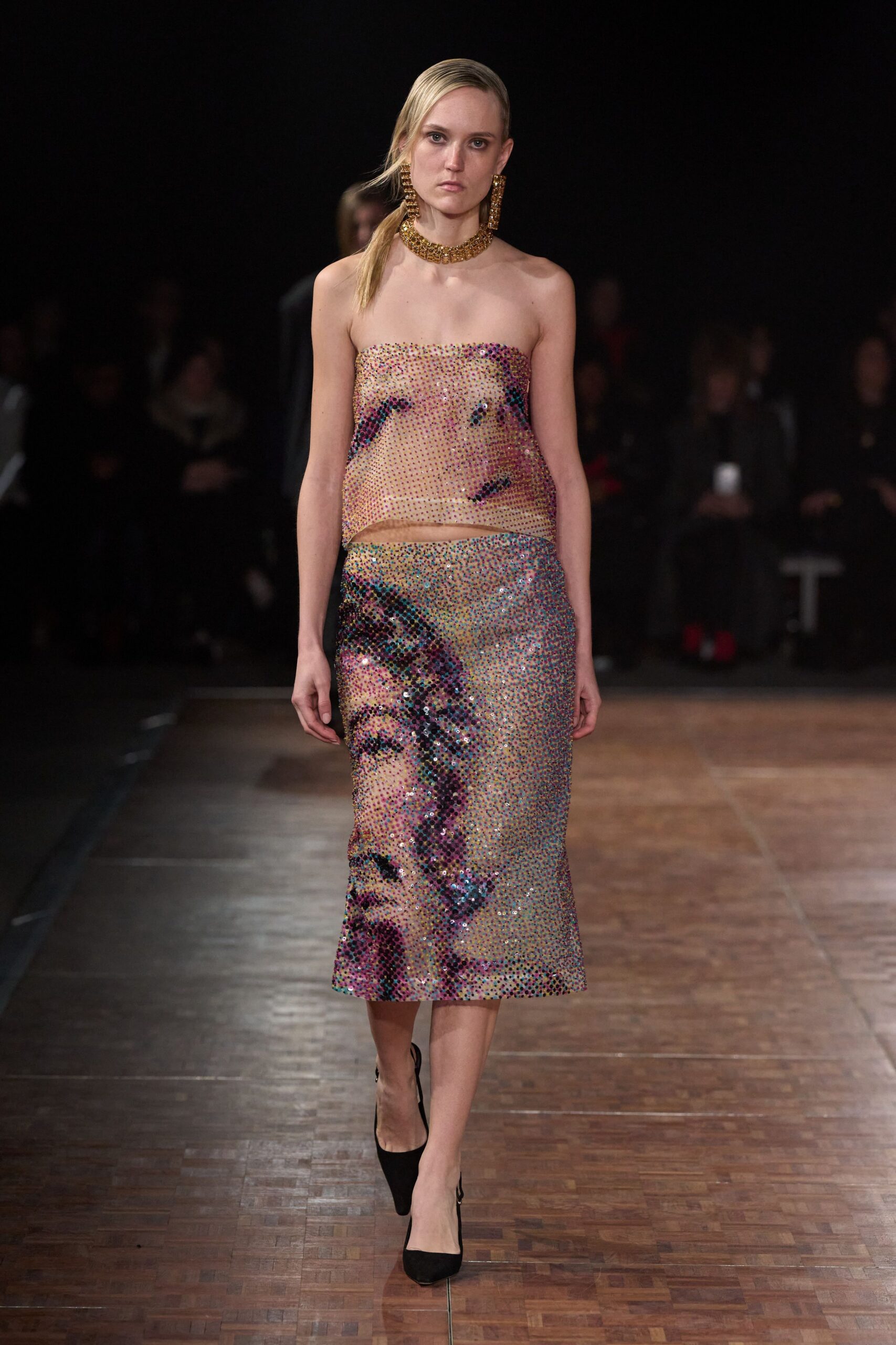 multi metallic strapless fitted sequined shiny midi dress