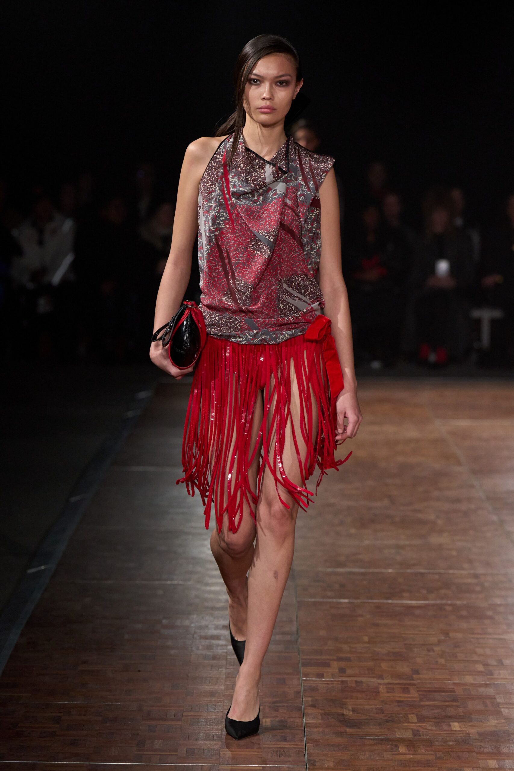 red silk sleeveless high-neck fitted ruffled fringed top