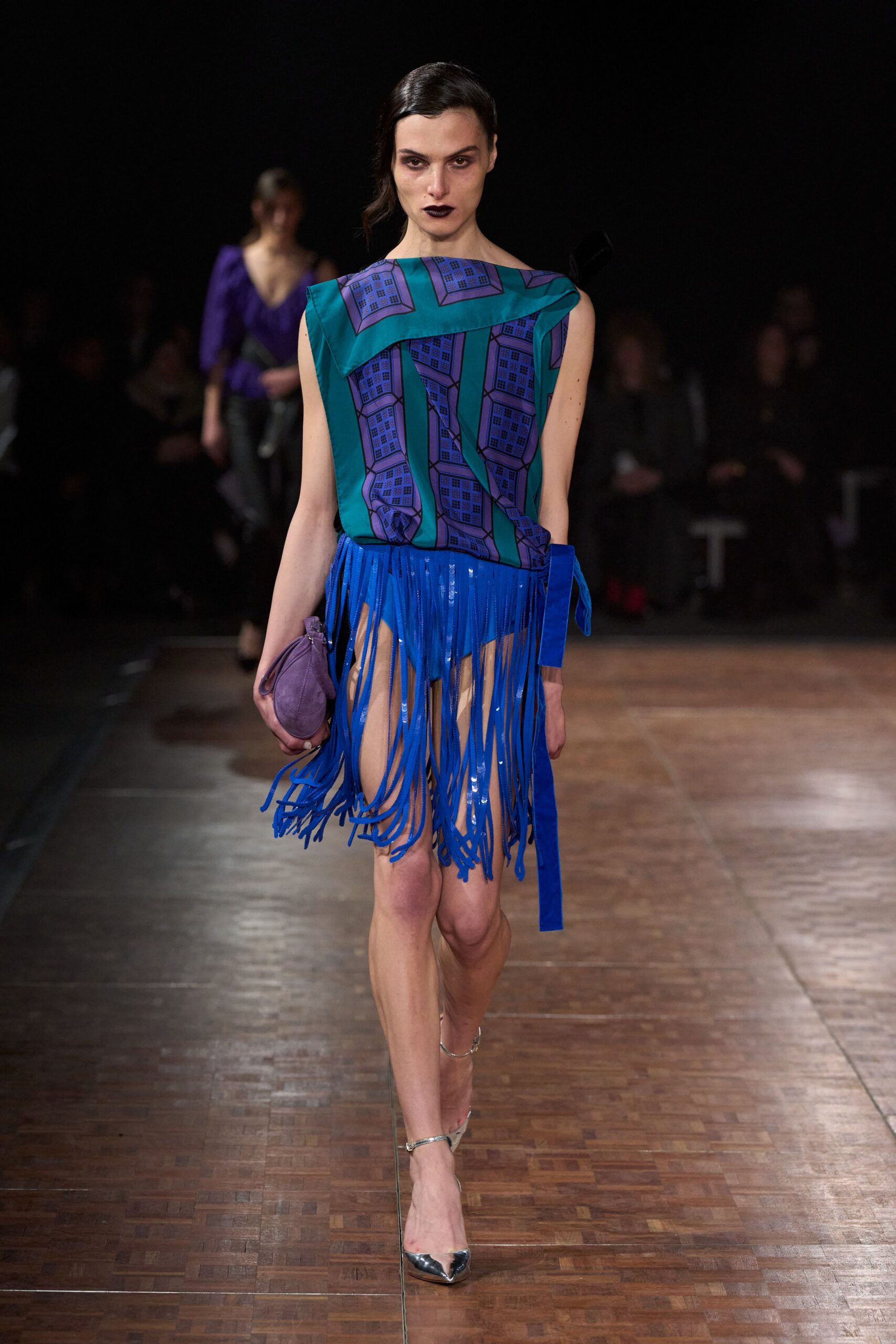 blue silk sleeveless fitted fringed printed mini dress